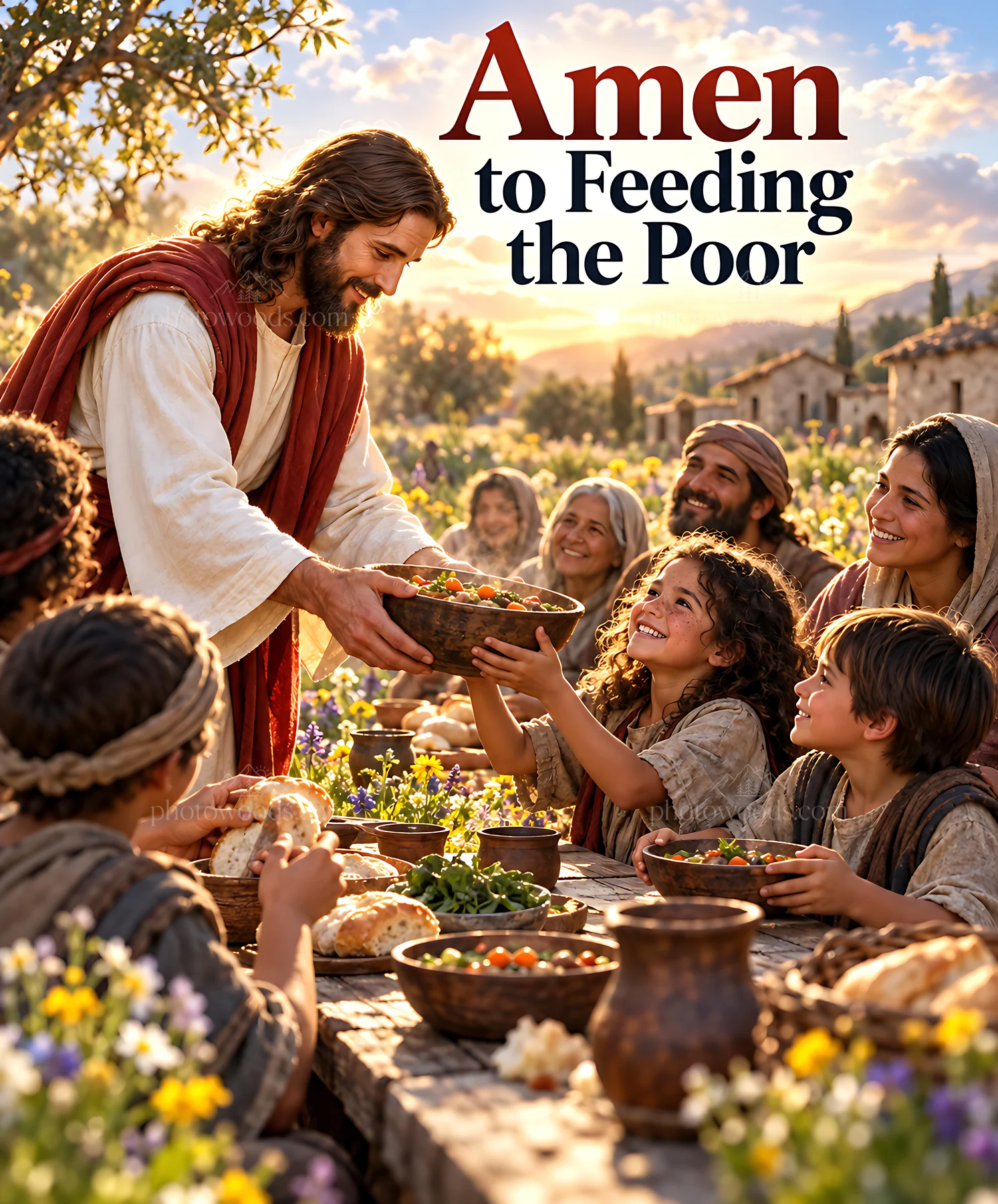 Sharing food at a table in the meadow with diverse people - AI-generated stock image