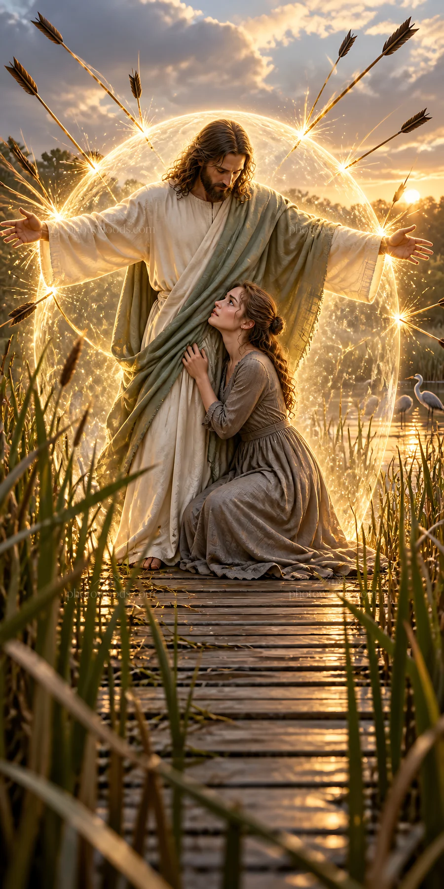 Jesus Christ comforting a woman by the water - AI-generated stock image