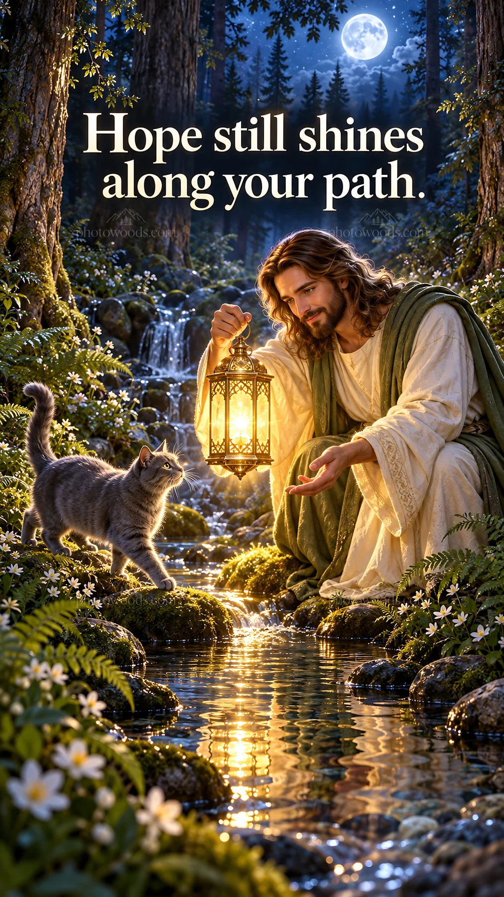 Jesus Christ guiding with a lantern beside a cat in the forest - AI-generated stock image