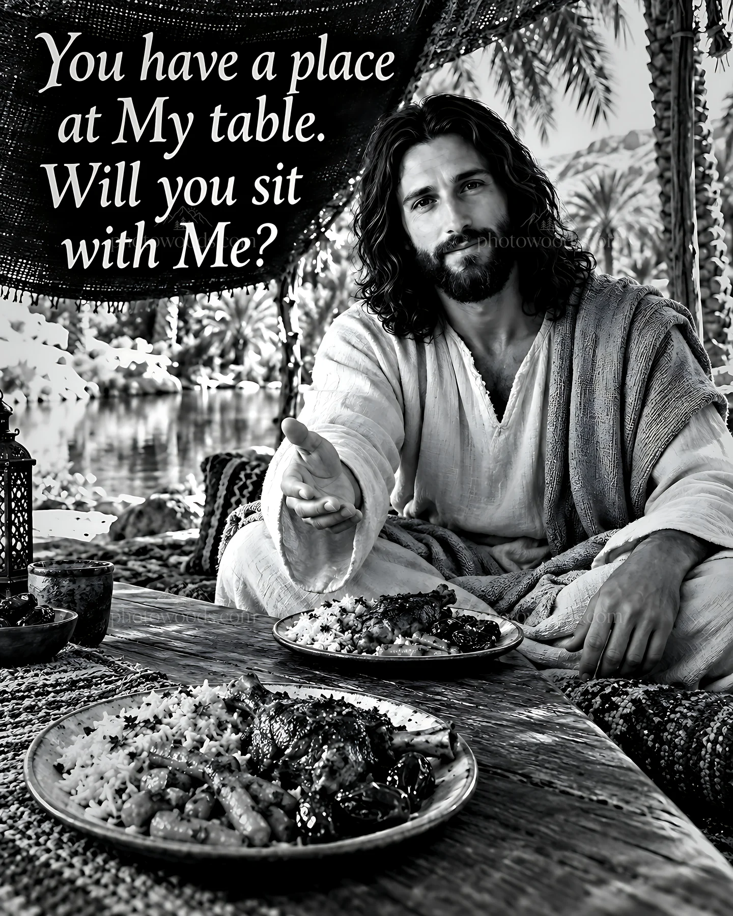 Dinner beside the desert oasis with a man serving food - AI-generated stock image