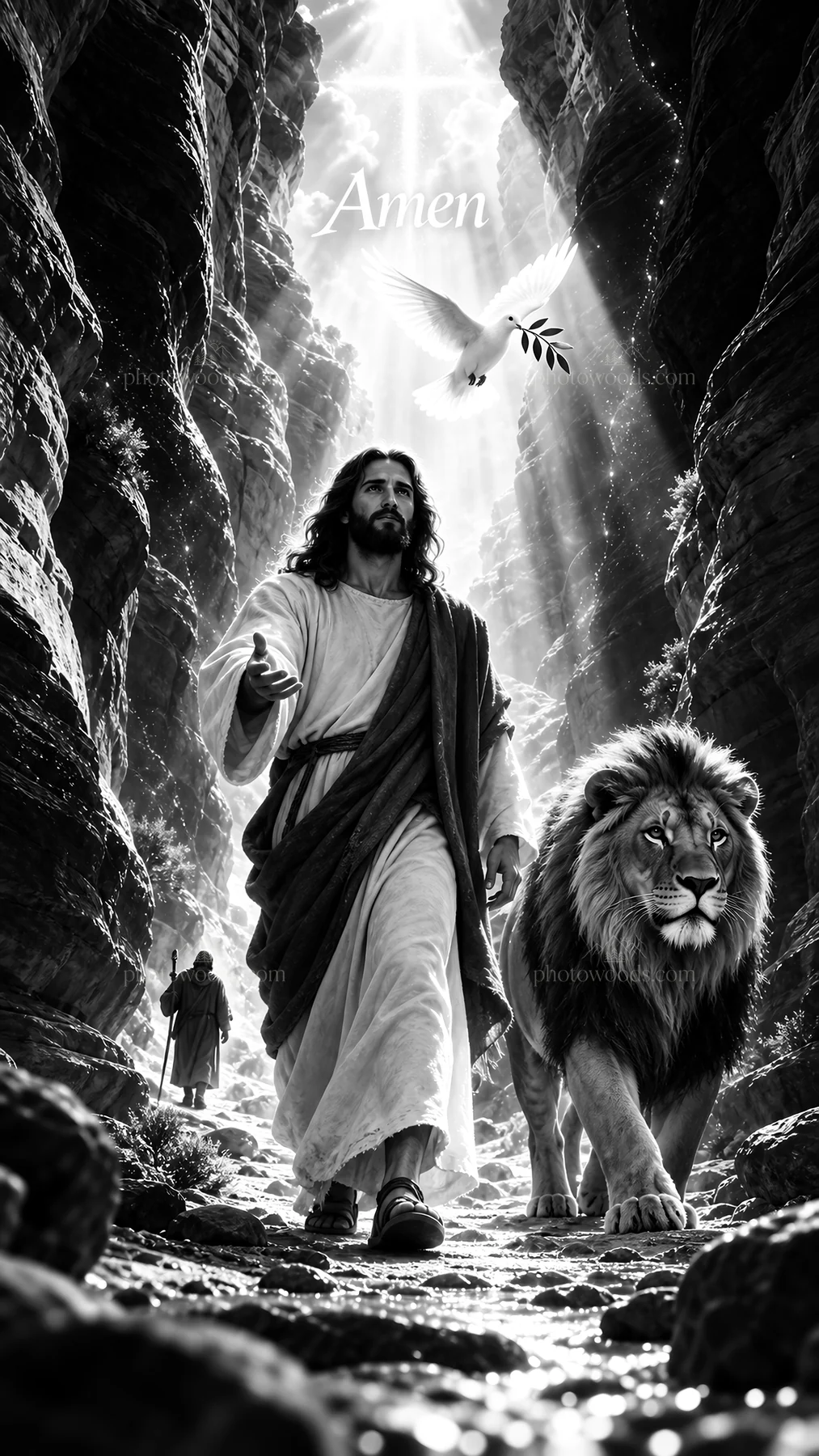 Jesus Christ walking with a lion in a canyon setting - AI-generated stock image