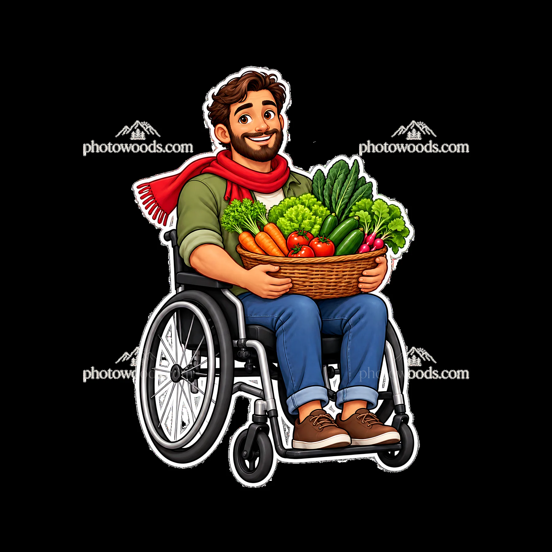 Man in wheelchair holding basket of fresh vegetables - AI-generated stock image