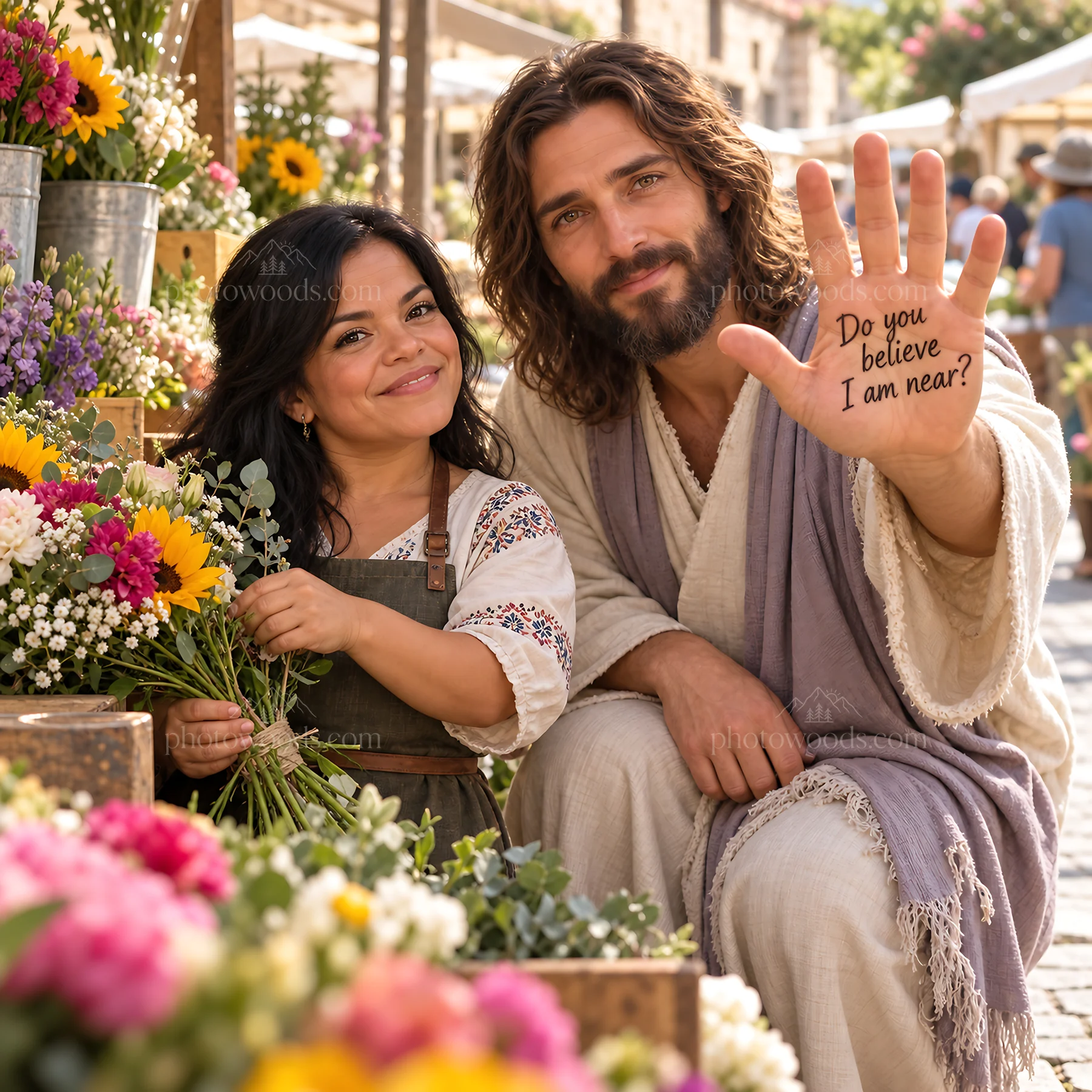 Jesus Christ sharing flowers and love in a market setting - AI-generated stock image