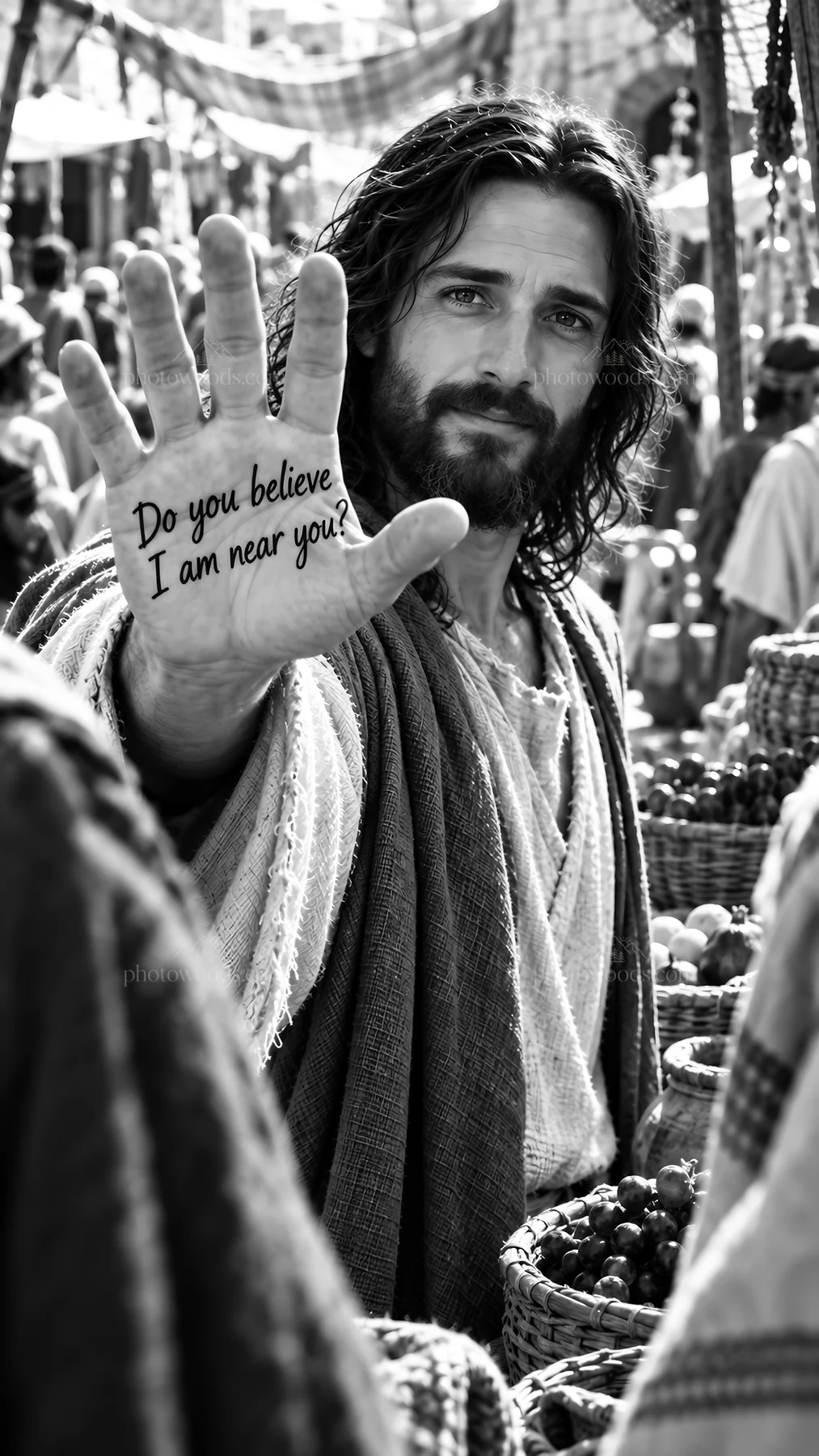 Jesus Christ offers comfort in a market setting - AI-generated stock image