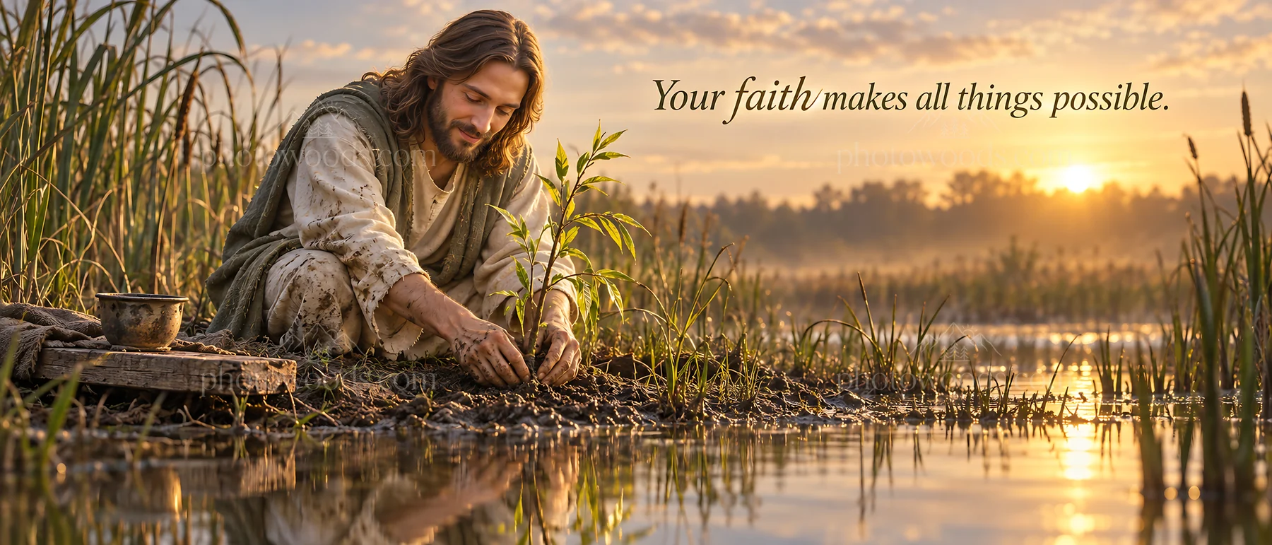 Jesus Christ planting seeds by the water in a tranquil setting - AI-generated stock image