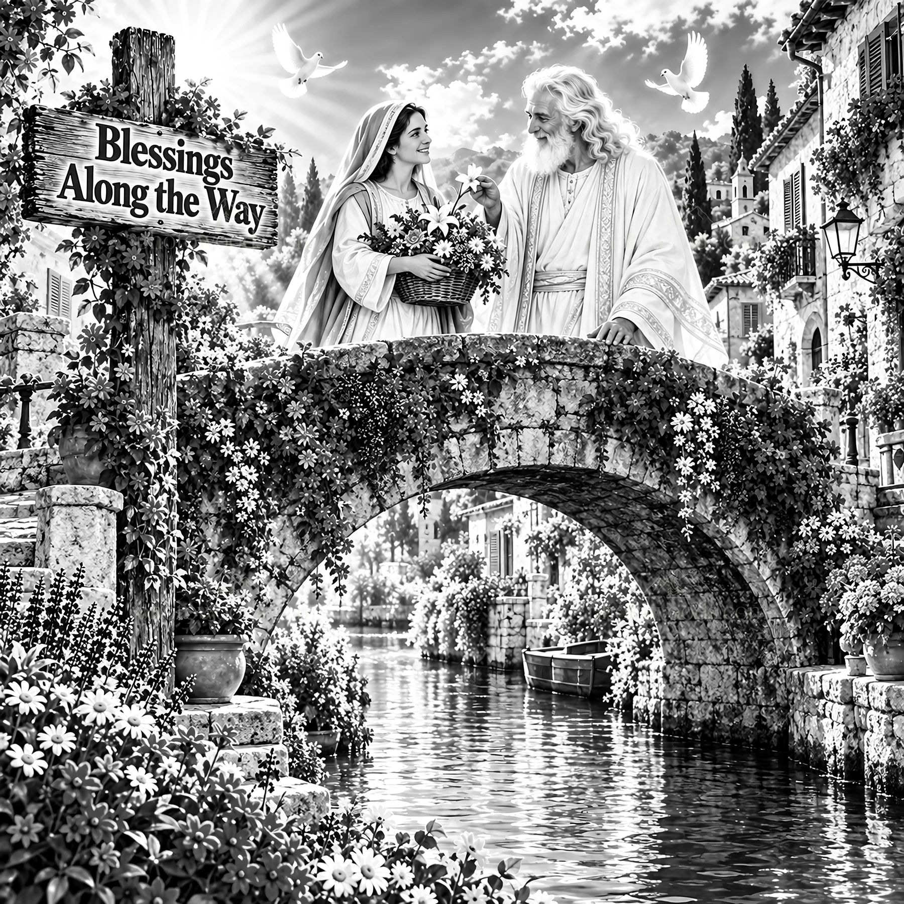 Jesus Christ sharing blessings along a peaceful bridge - AI-generated stock image