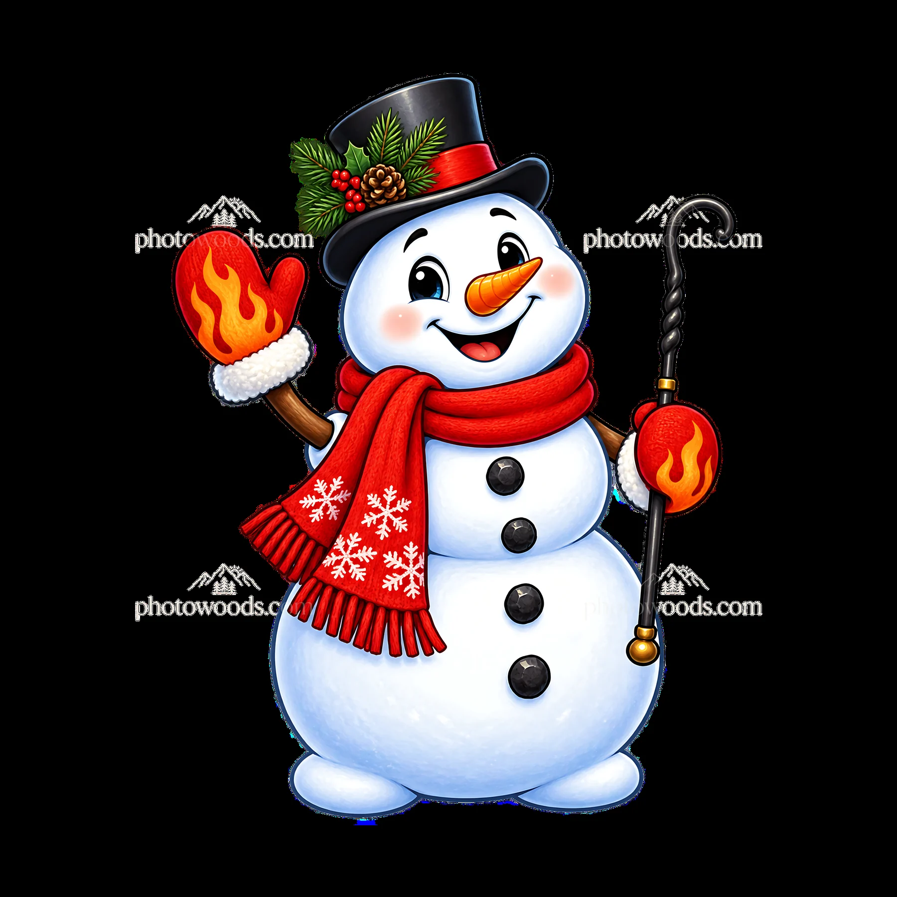 Festive Snowman with Flame-Pattern Mittens - AI-generated stock image