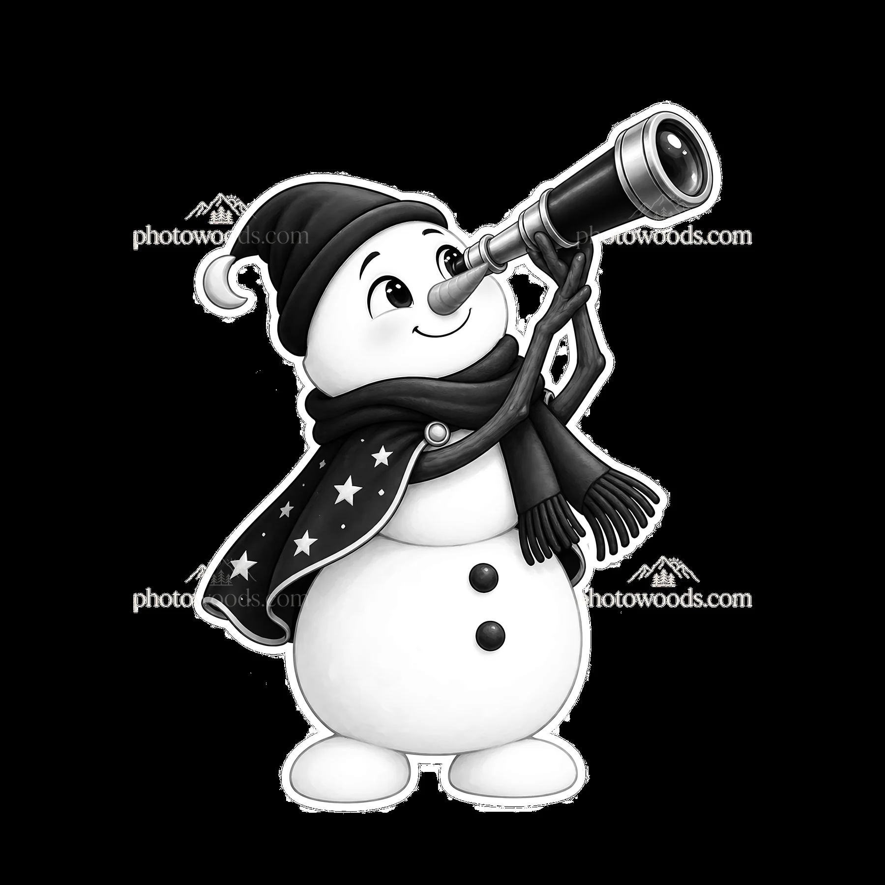 Snowman looking through a telescope with a scarf and hat - AI-generated stock image