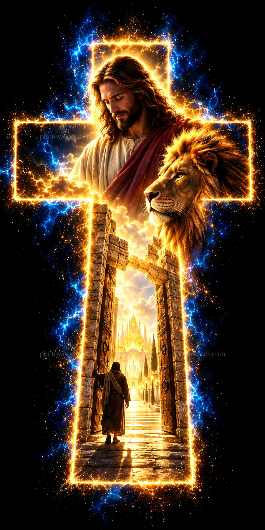 Jesus Christ with a lion at the entrance to a golden city - AI-generated stock image