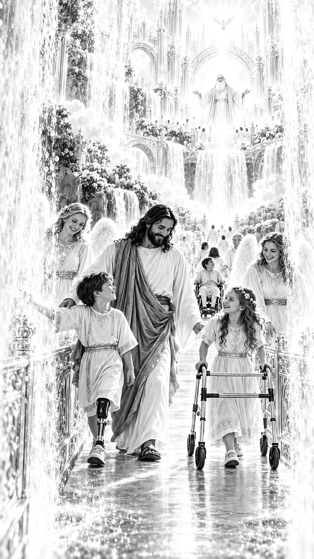 Jesus Christ walking with children in a heavenly setting - AI-generated stock image