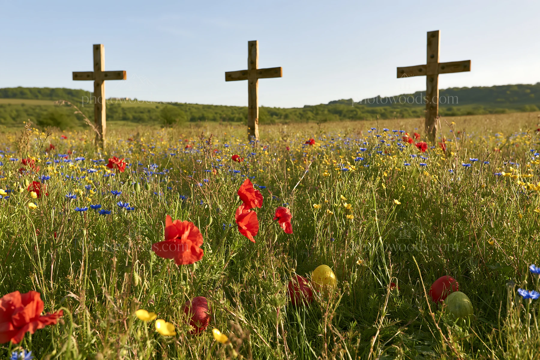 Christian crosses in meadow with wildflowers - AI-generated stock image