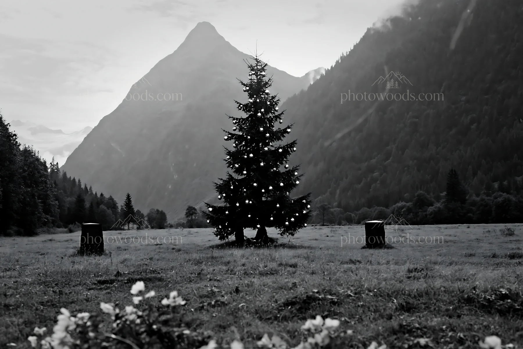 Christmas tree decorated with baubles in mountain meadow - AI-generated stock image