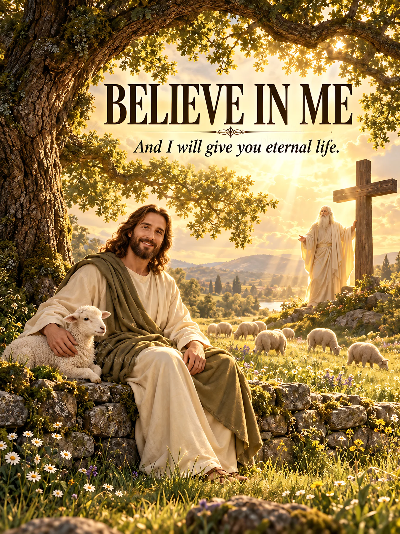 Jesus Christ offering comfort and reassurance in a pastoral scene - AI-generated stock image