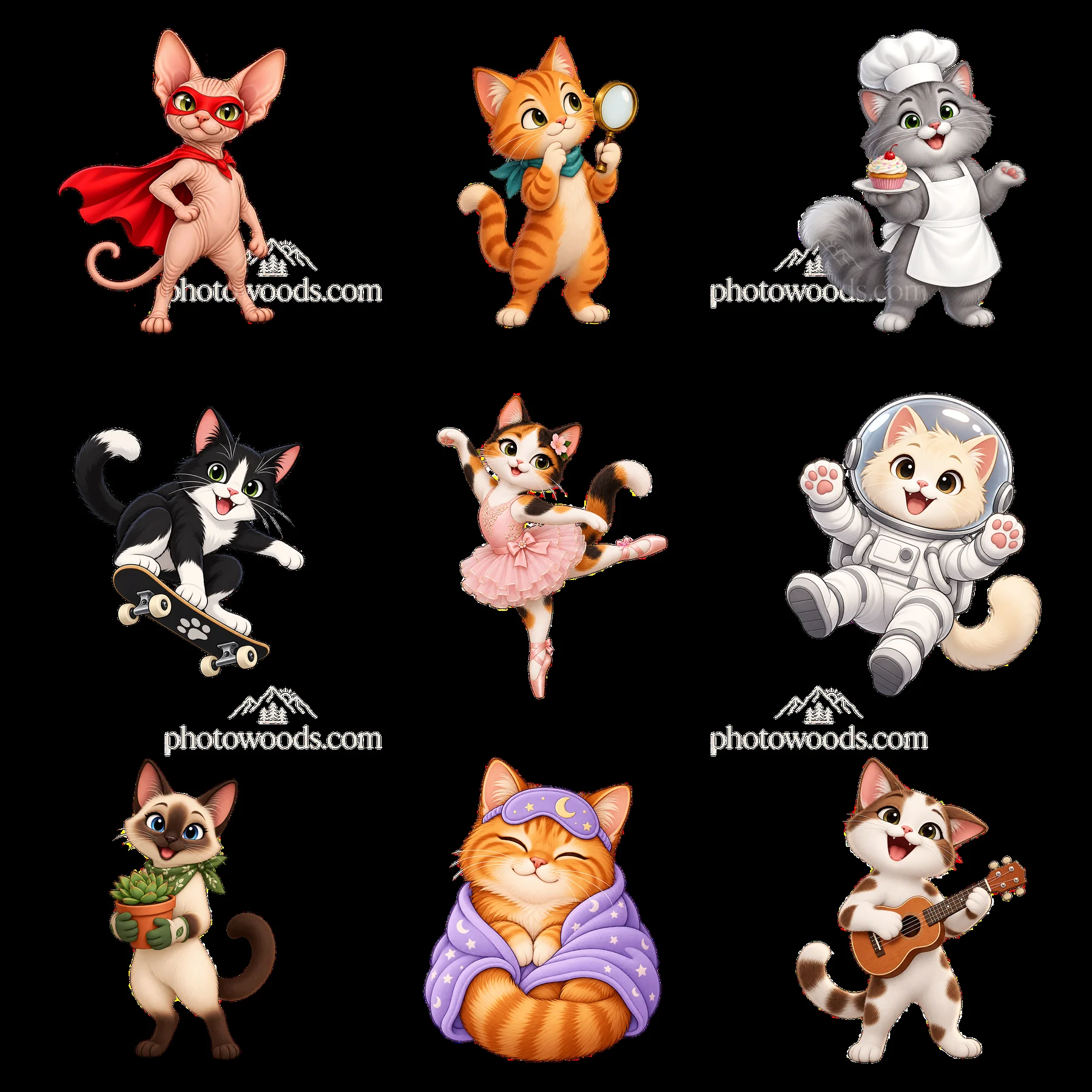 Nine cartoon cats in various costumes and activities - AI-generated stock image