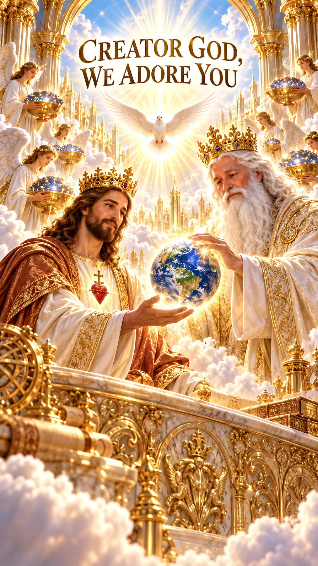 Jesus Christ with God the Father in a heavenly scene - AI-generated stock image