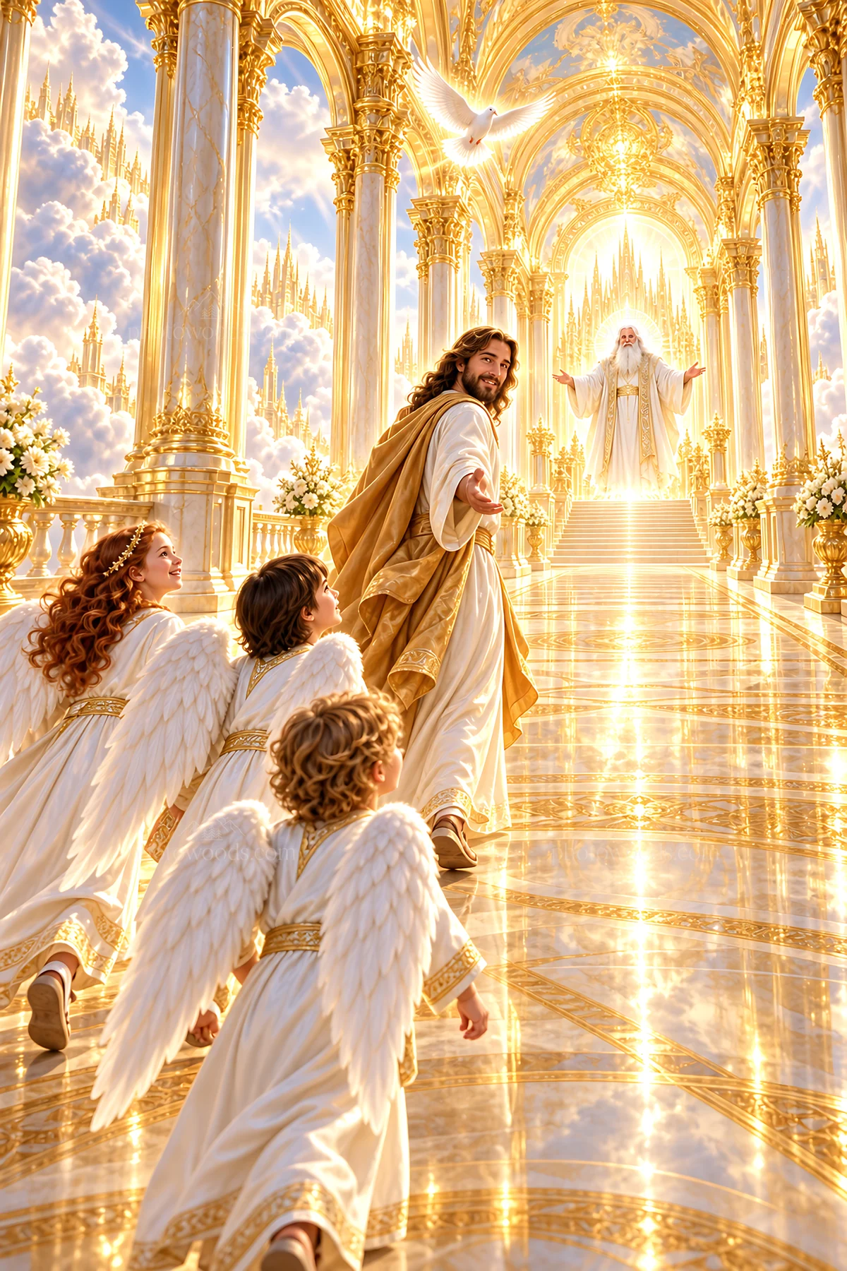 Jesus Christ welcoming children in a heavenly setting - AI-generated stock image