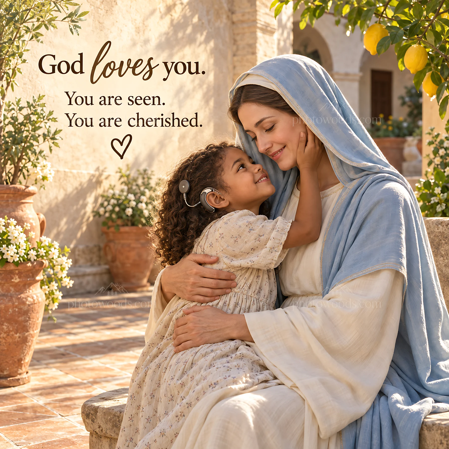 Jesus Christ comforting a child with love - AI-generated stock image