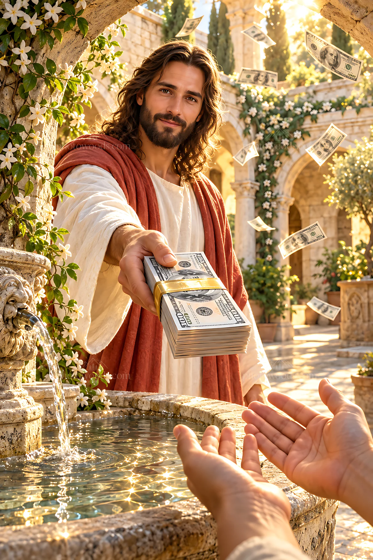 Courtyard fountain with person handing cash in sunlight - AI-generated stock image