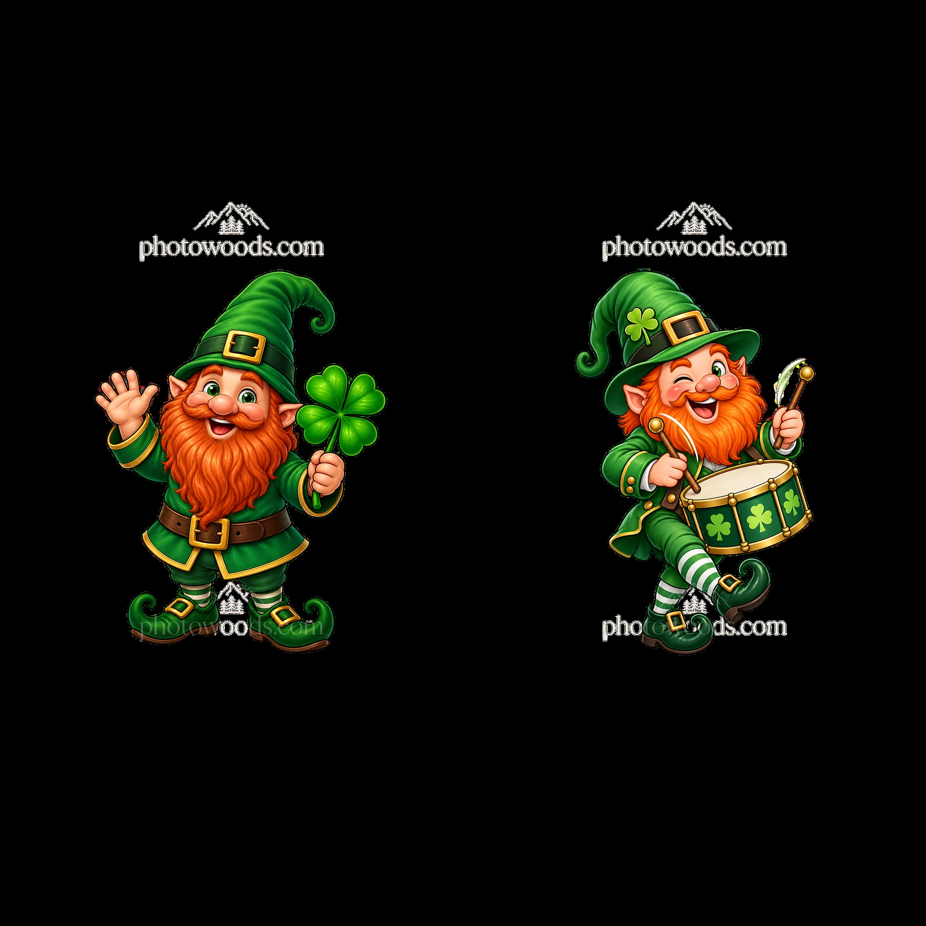 St. Patrick's Day gnomes celebrating with shamrocks and drums - AI-generated stock image
