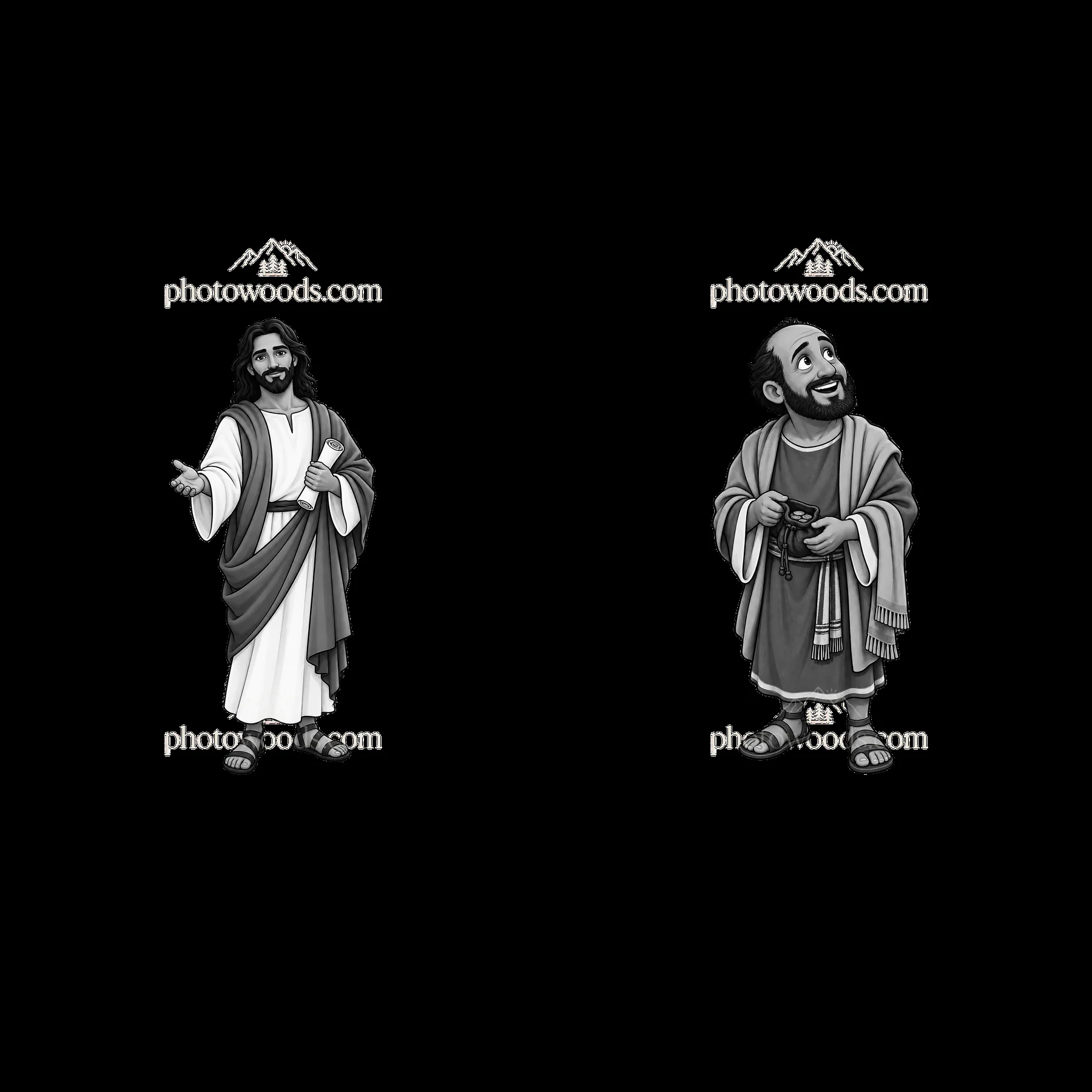 Jesus with open hand and another figure smiling - AI-generated stock image