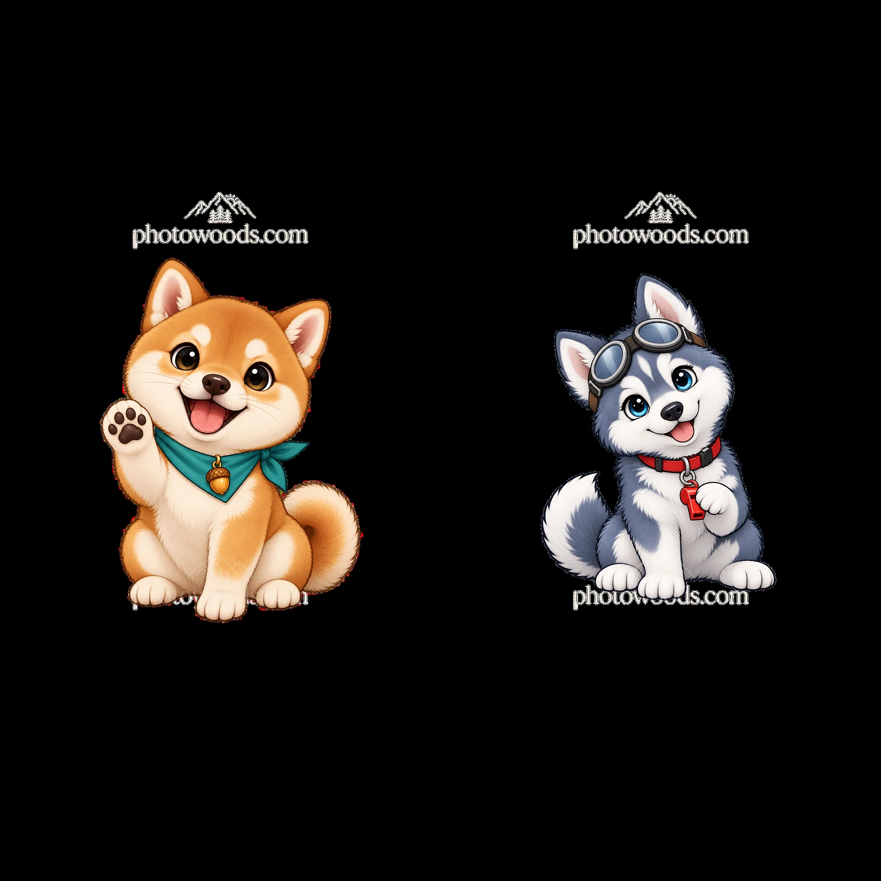 Cute K-9 dogs with playful expressions in cartoon sticker illustration - AI-generated stock image
