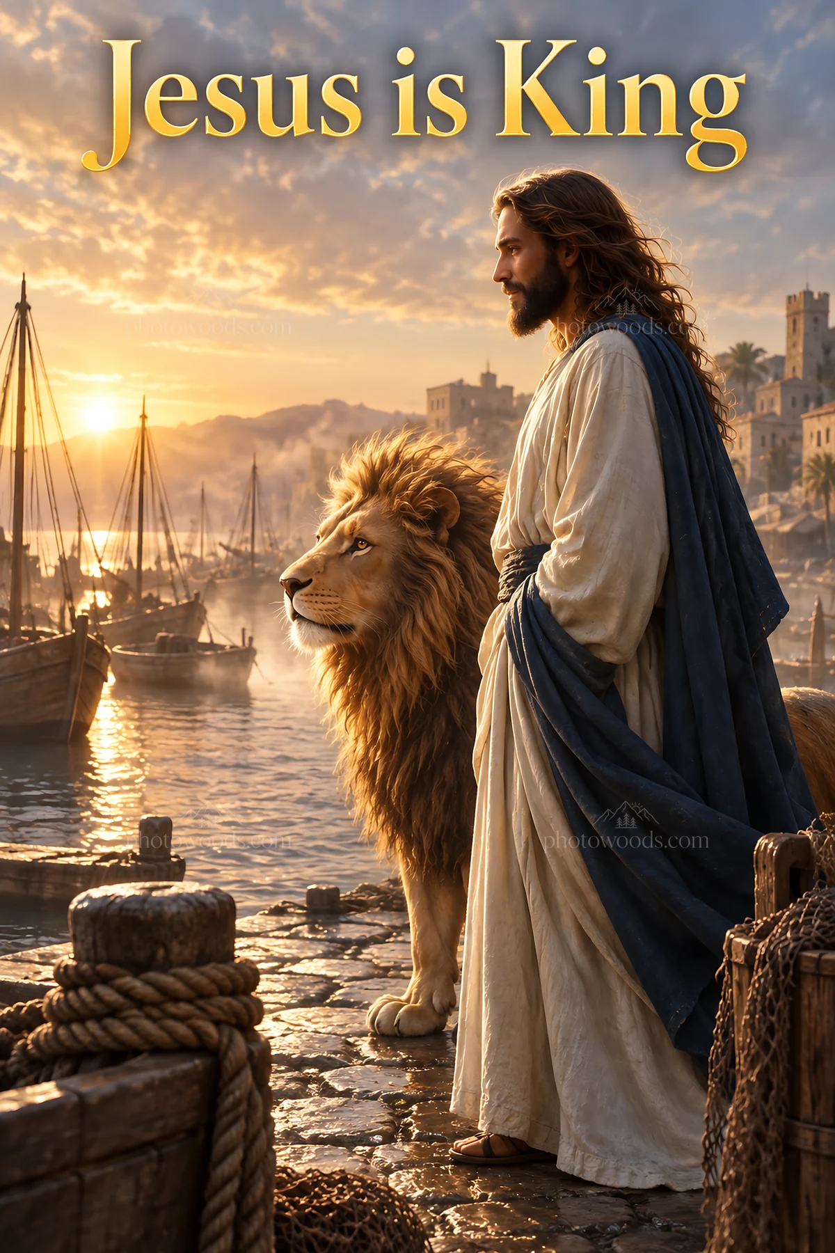 Jesus Christ stands beside a lion in a port at sunset - AI-generated stock image