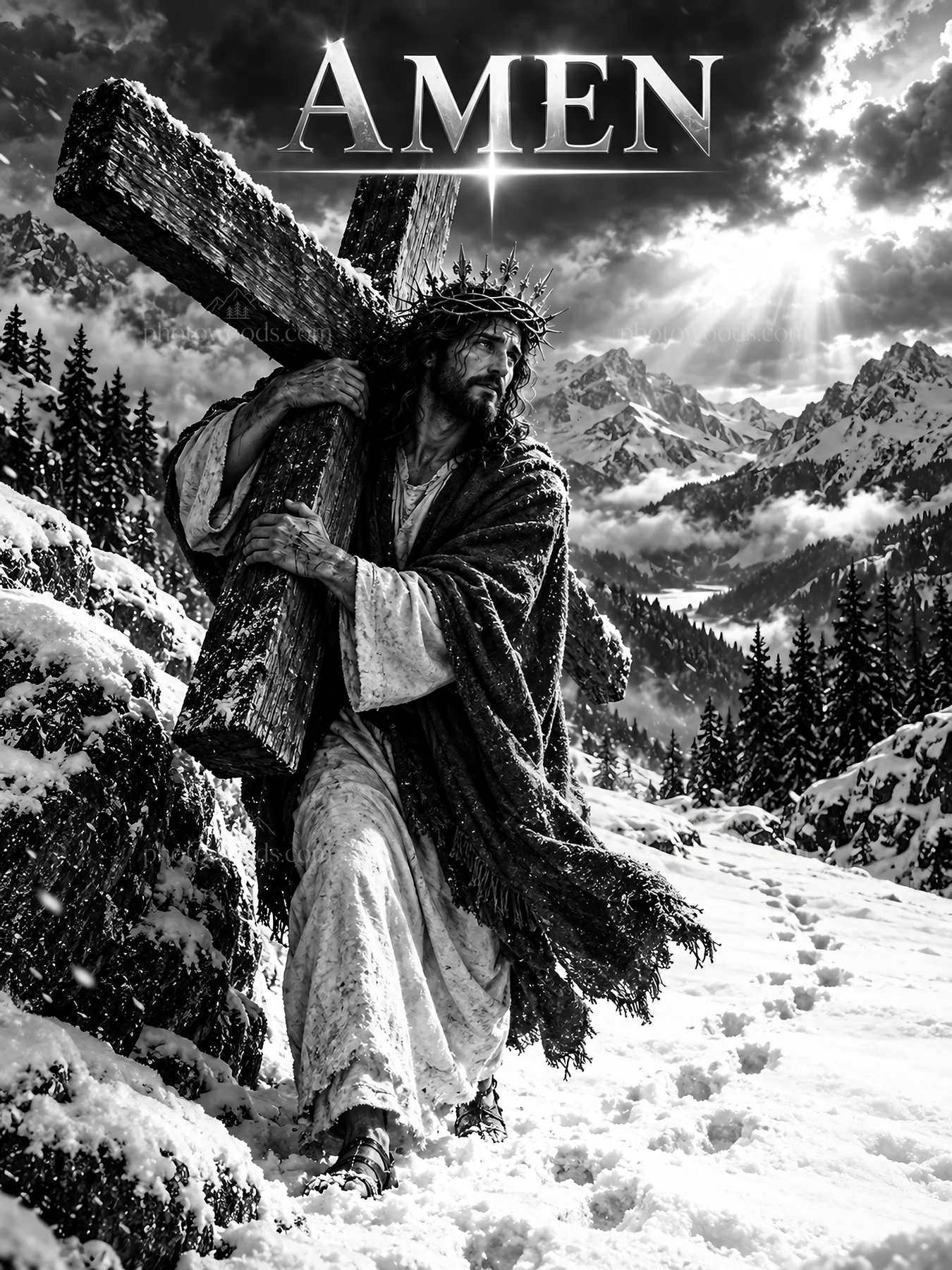 Jesus Christ carrying the cross in a snowy mountain scene - AI-generated stock image