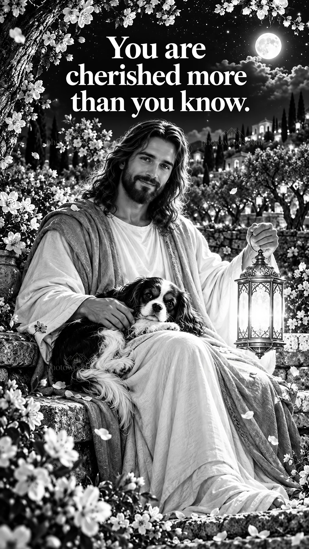 Jesus Christ with a dog in a serene garden setting - AI-generated stock image