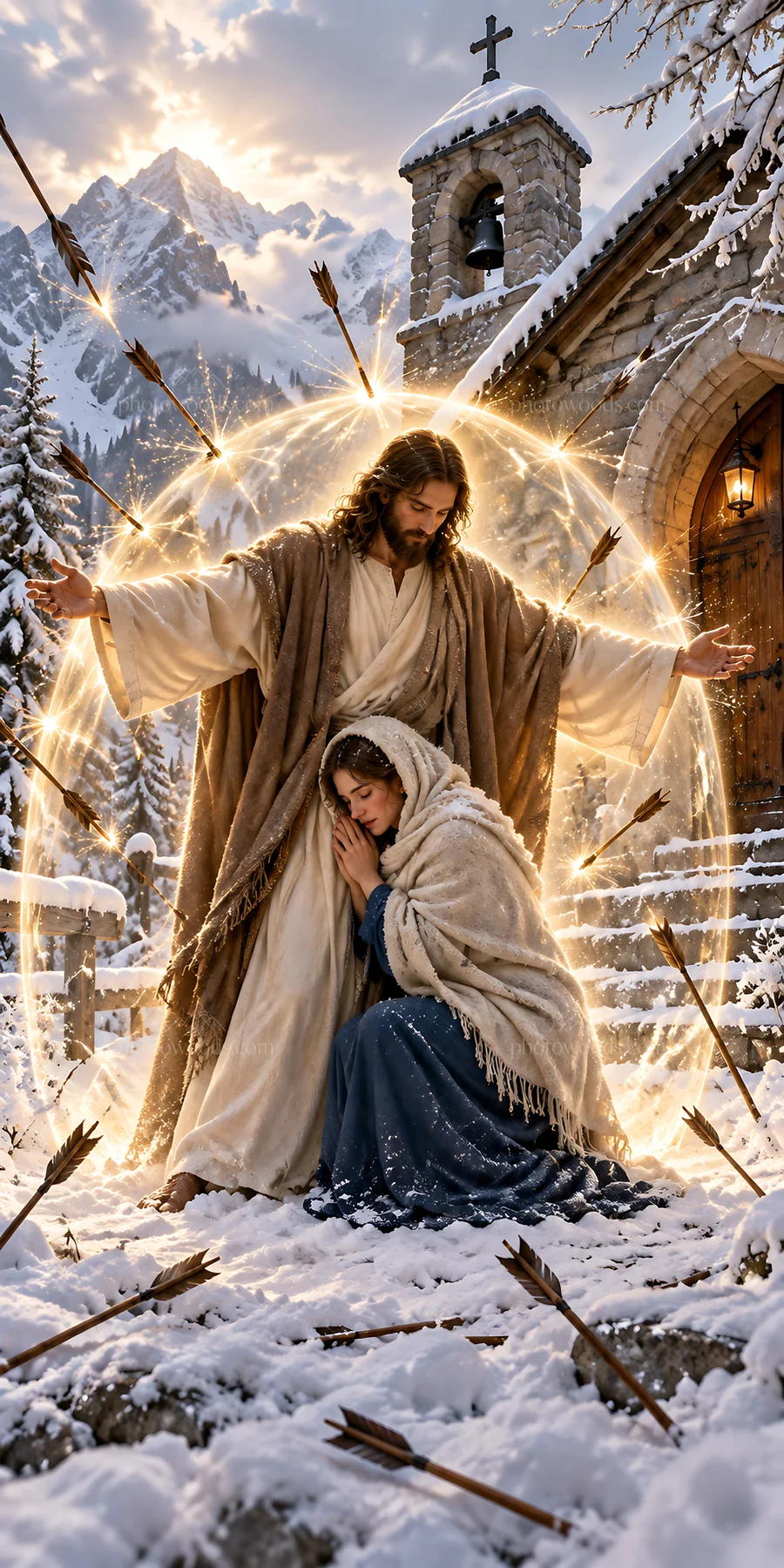 Jesus Christ comforting a person in a snowy landscape - AI-generated stock image