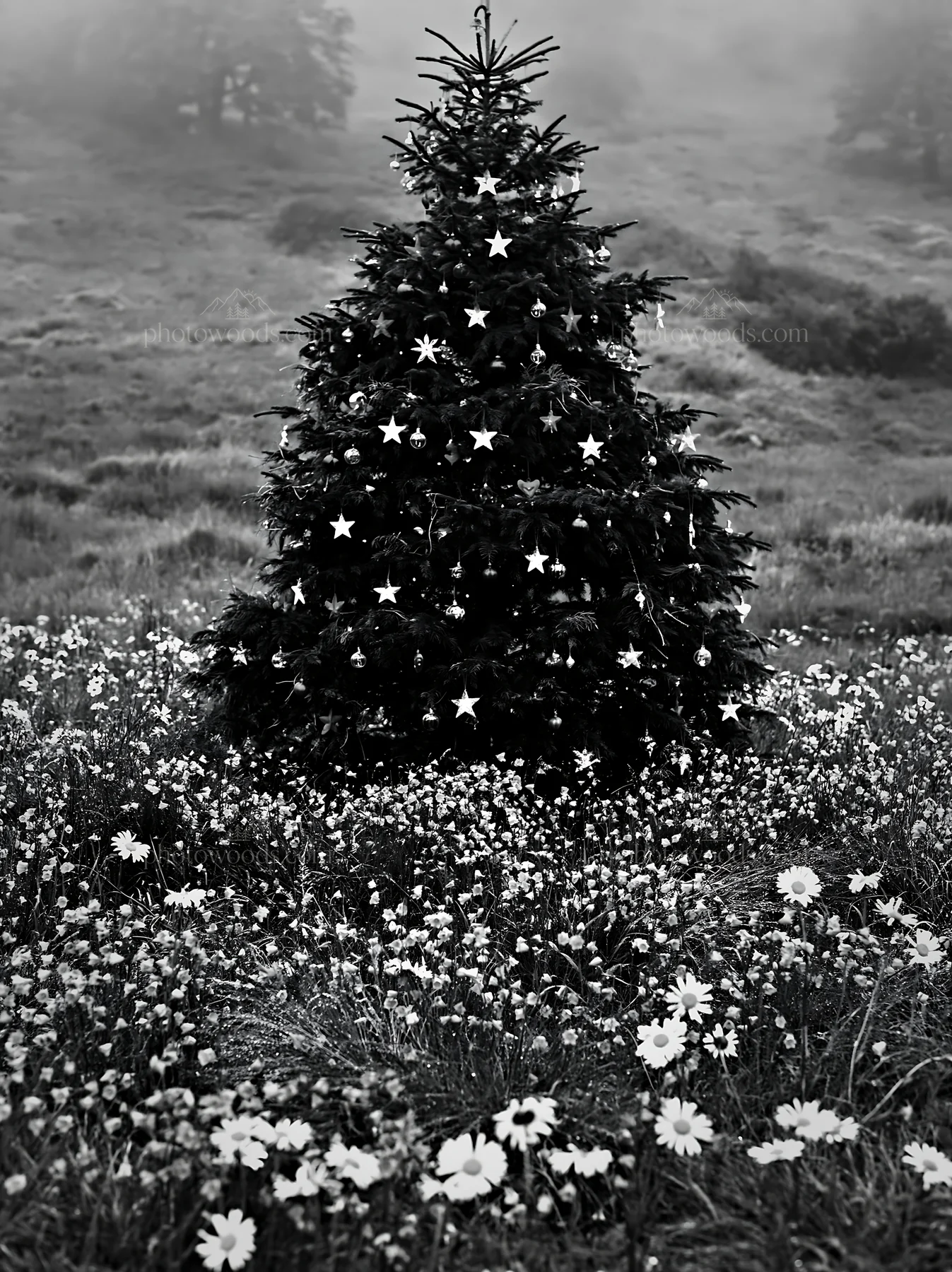 Christmas tree decorated with ornaments in valley meadow - AI-generated stock image