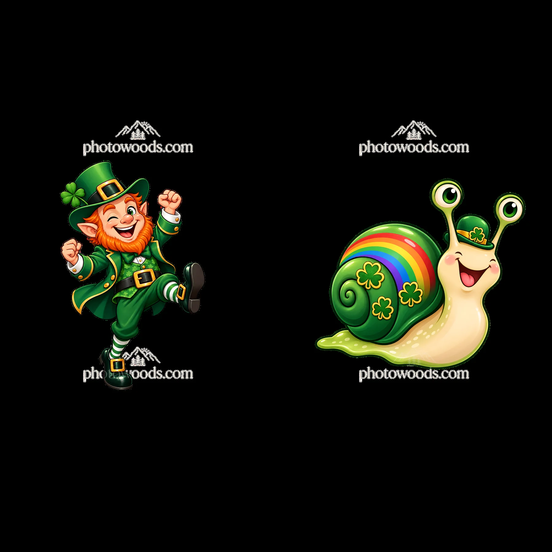 Leprechaun dancing with cheerful snail on St. Patrick's Day - AI-generated stock image