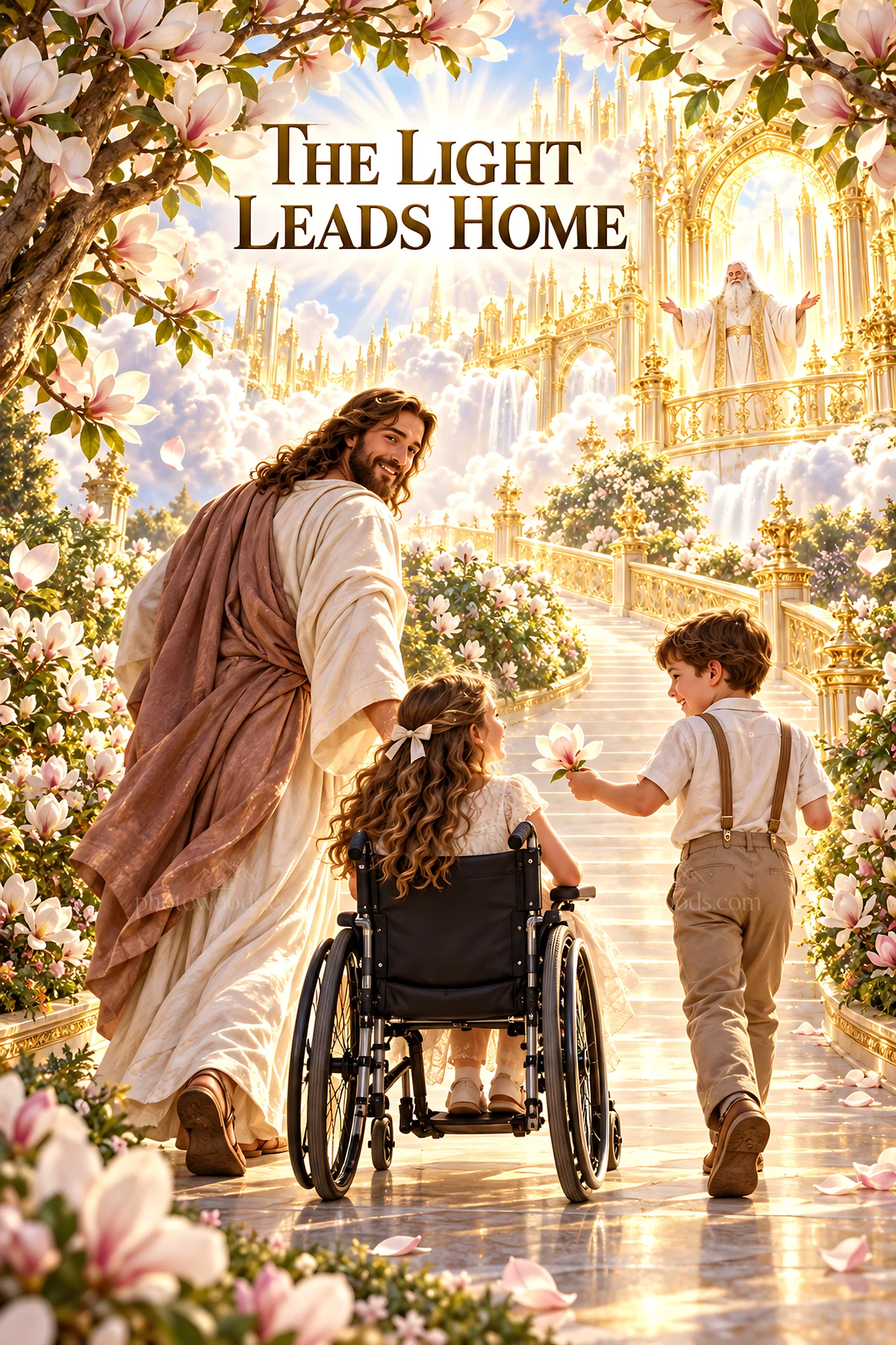 Jesus Christ leading children on a path of faith - AI-generated stock image