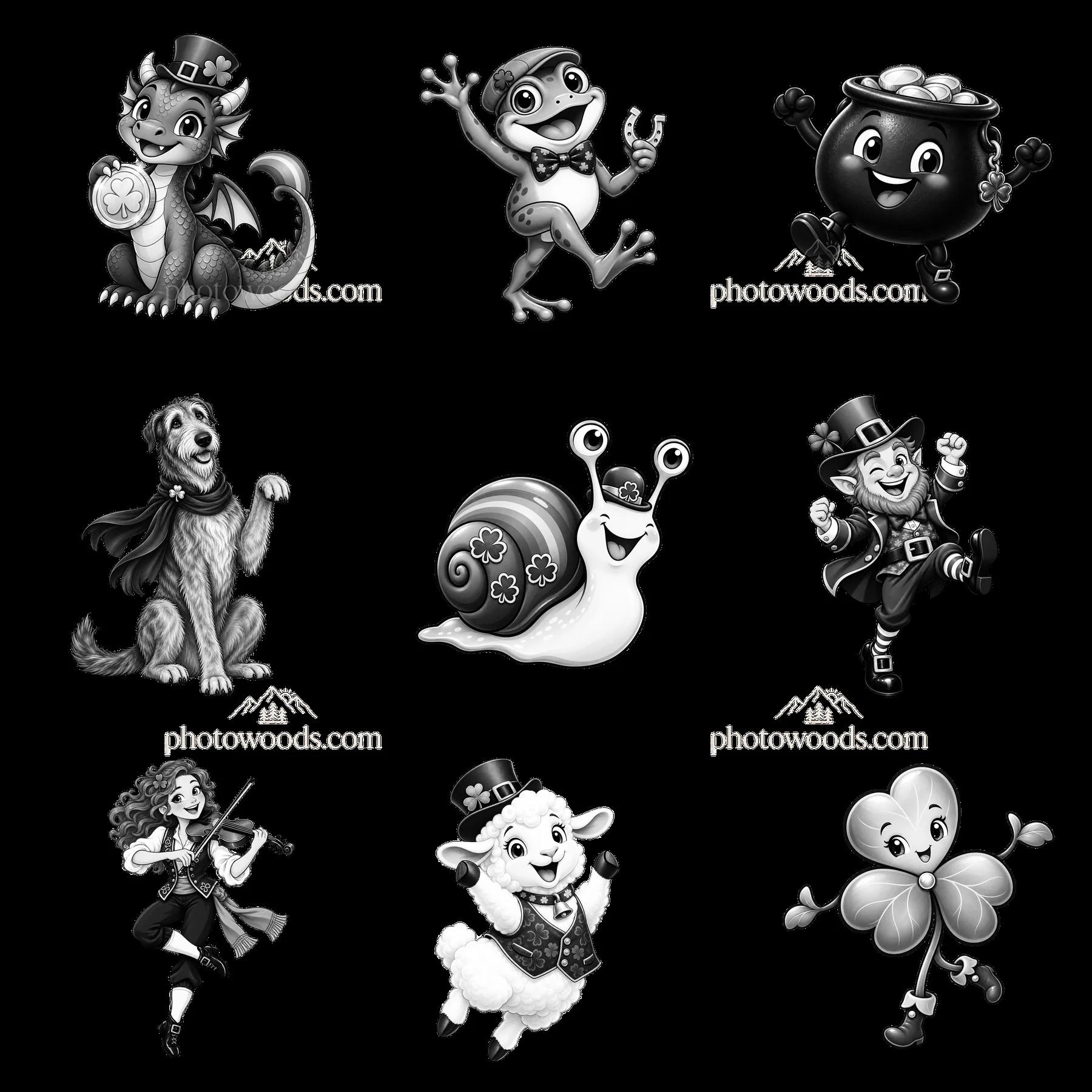 Cartoon characters celebrating St. Patrick's Day in black and white - AI-generated stock image