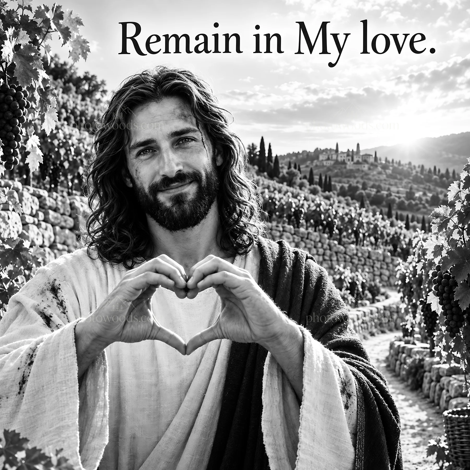 Jesus Christ sharing love in a vineyard setting - AI-generated stock image