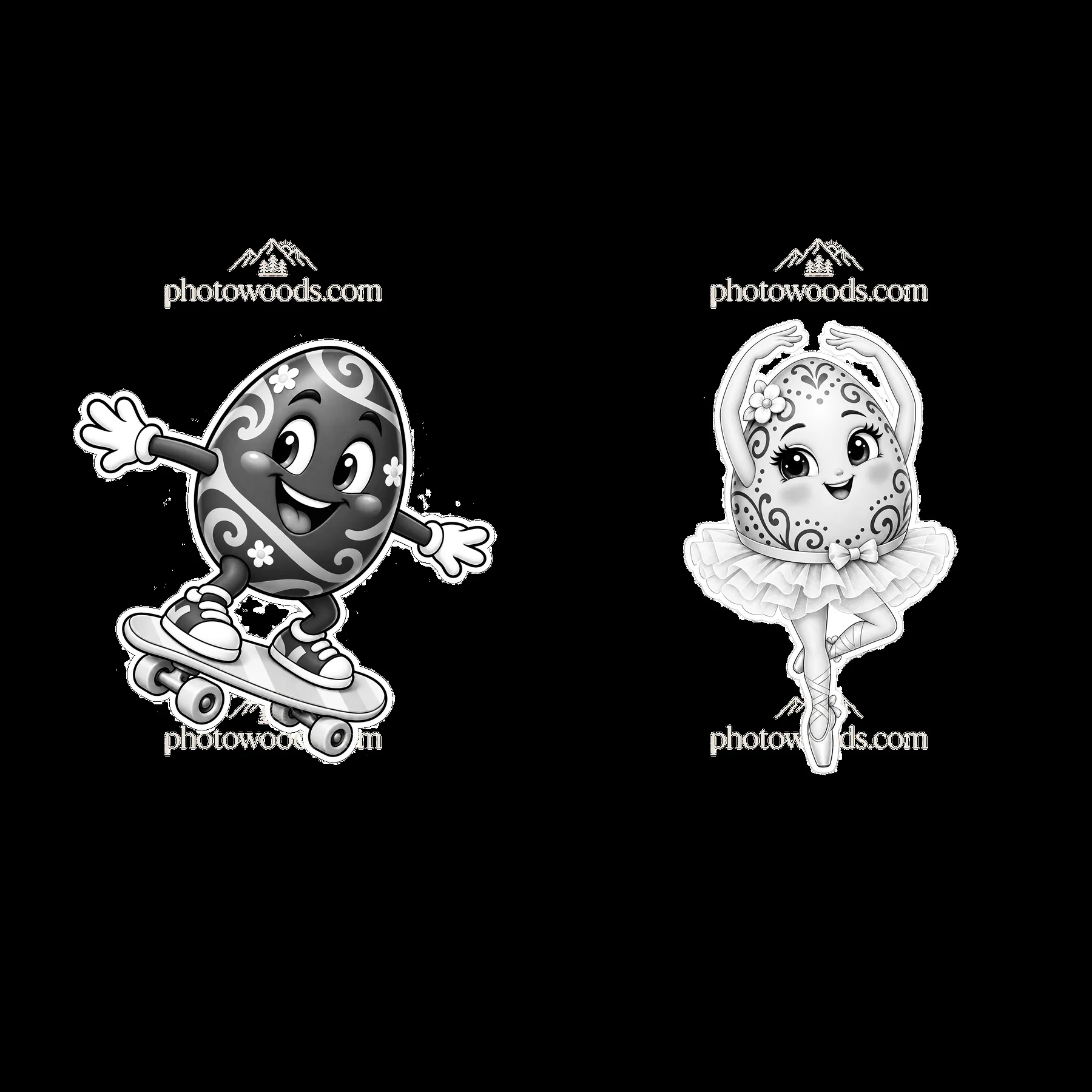 Skateboarding and dancing Easter eggs in black and white - AI-generated stock image