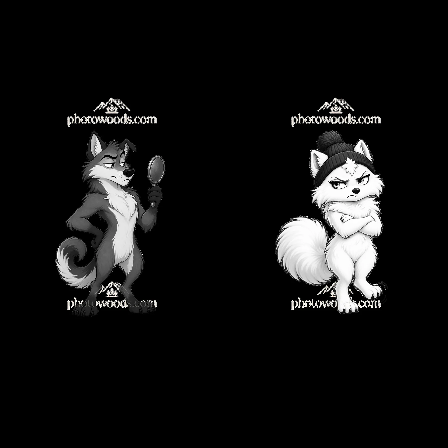 Grumpy wolf characters with playful expressions and props - AI-generated stock image