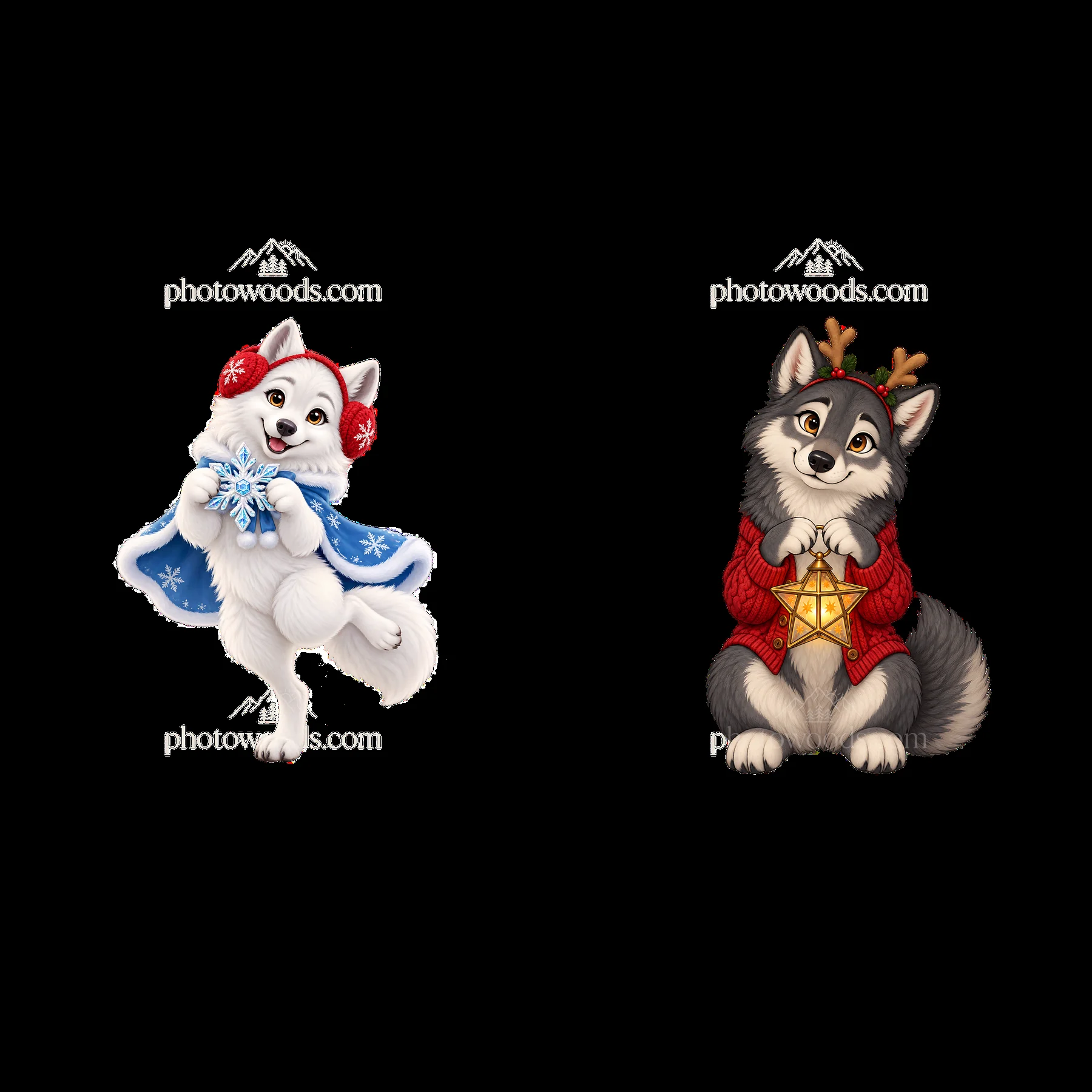 Christmas wolves in festive attire with decorations - AI-generated stock image