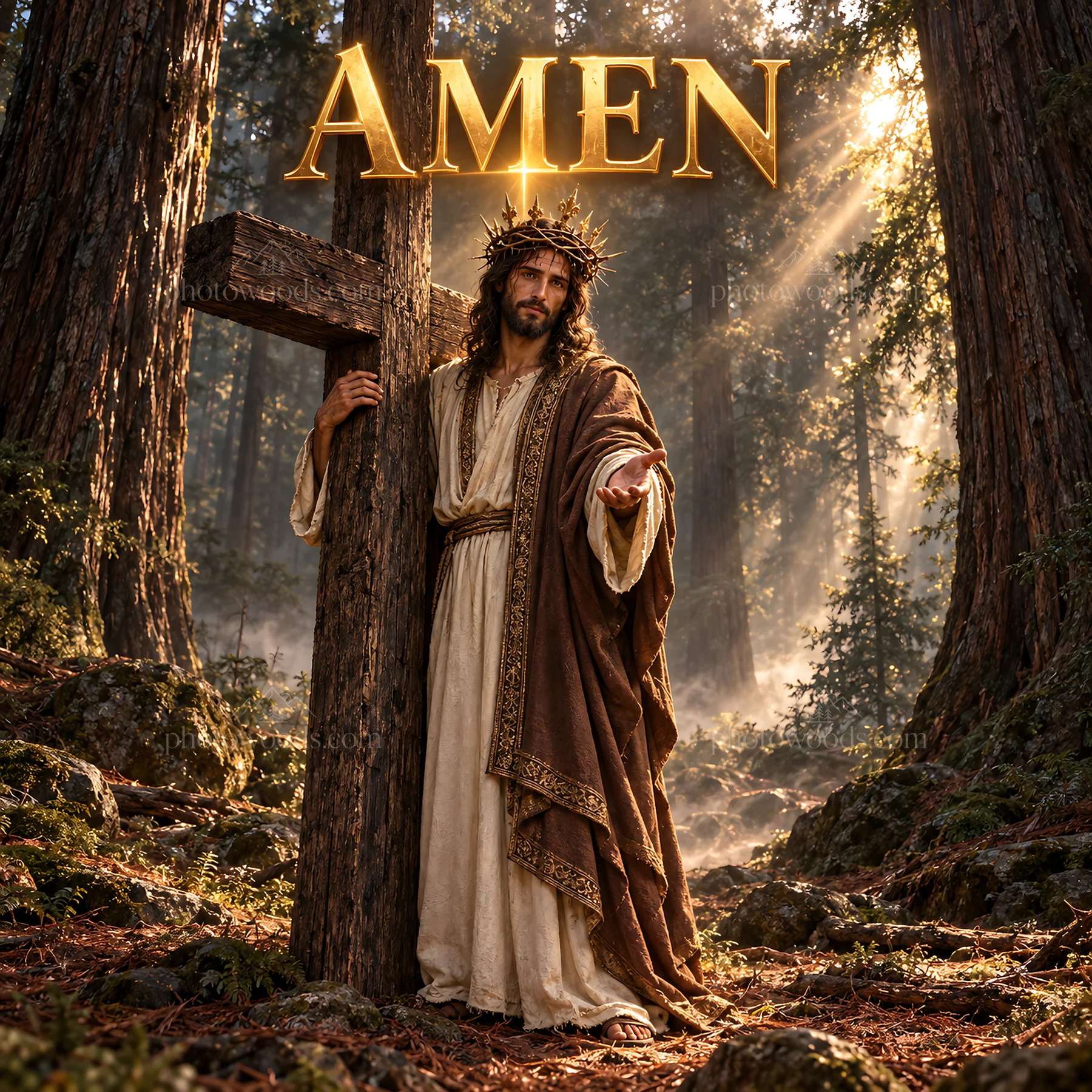 Jesus Christ standing by a cross in a forest setting - AI-generated stock image