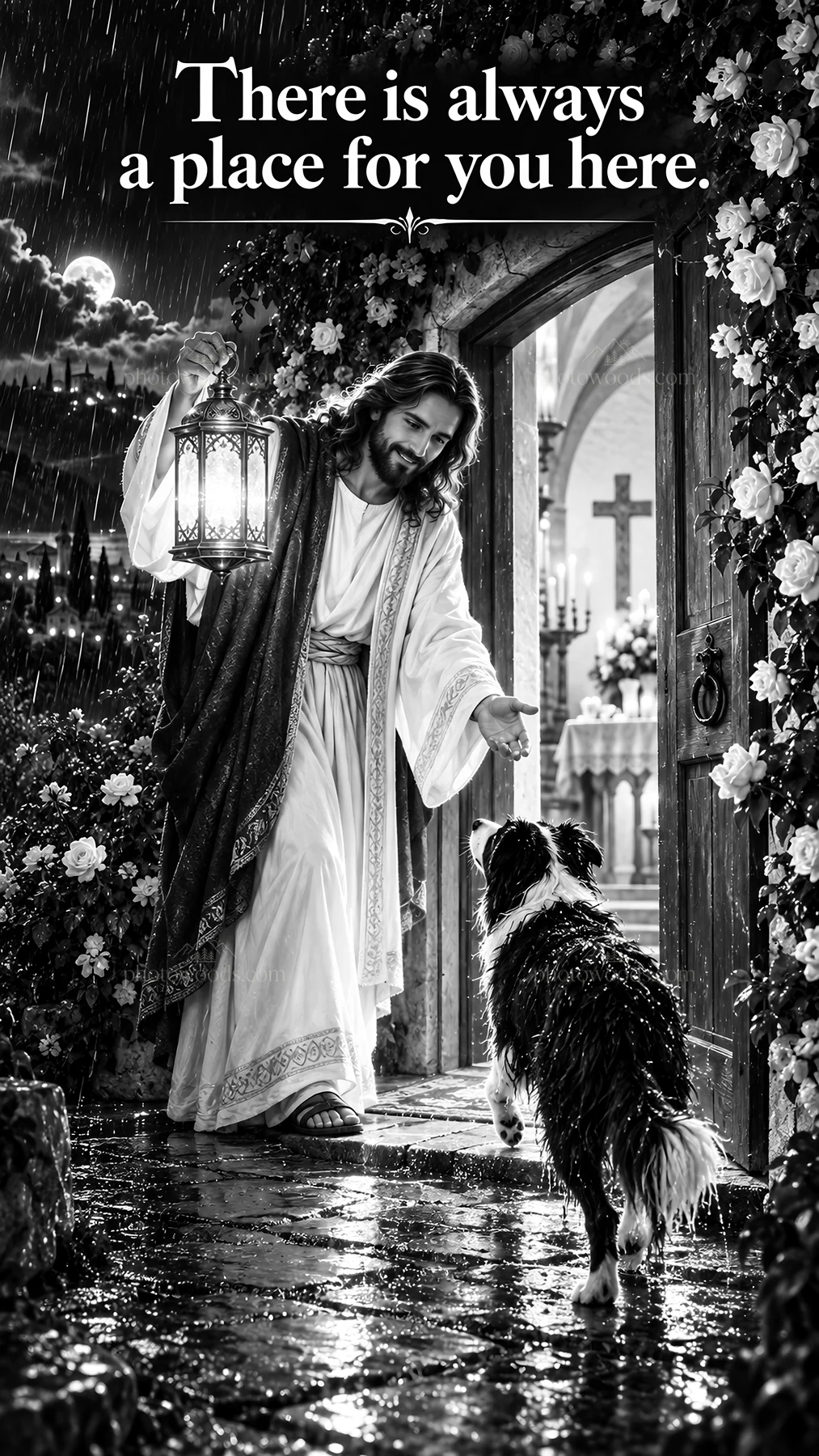 Jesus Christ welcoming a dog in the rain - AI-generated stock image