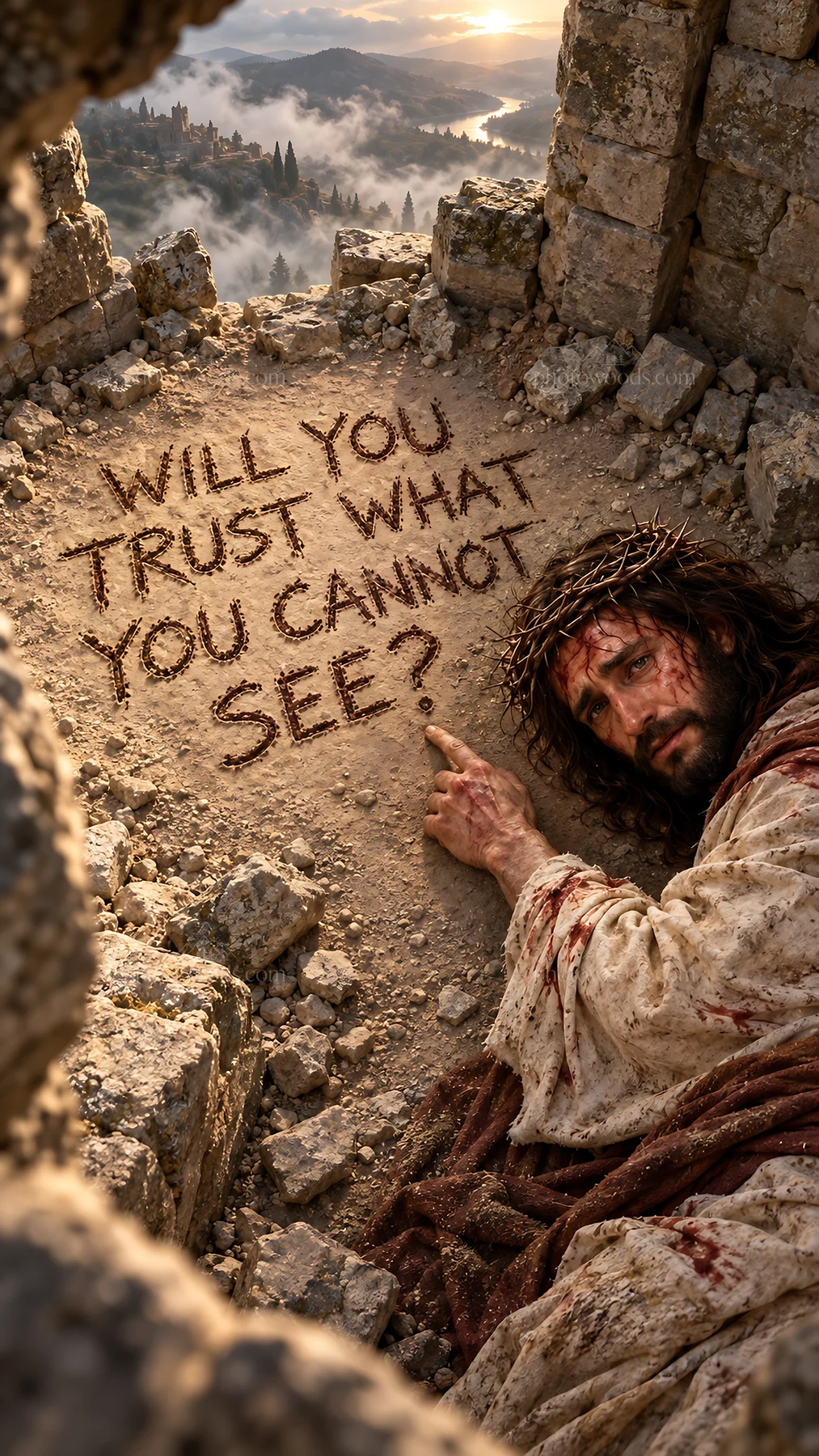 Jesus Christ writing a message in the dirt - AI-generated stock image