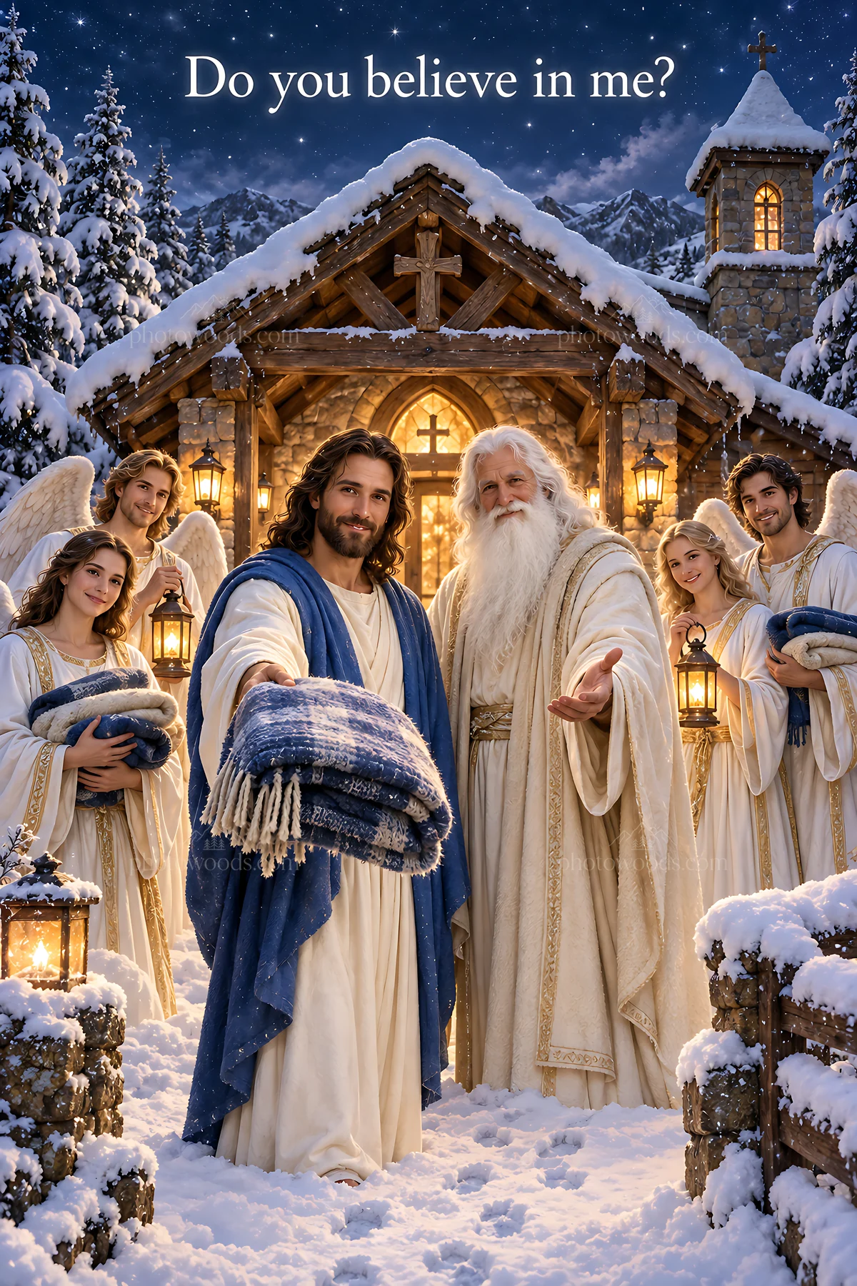 Snowbound chapel with figures in winter scene - AI-generated stock image