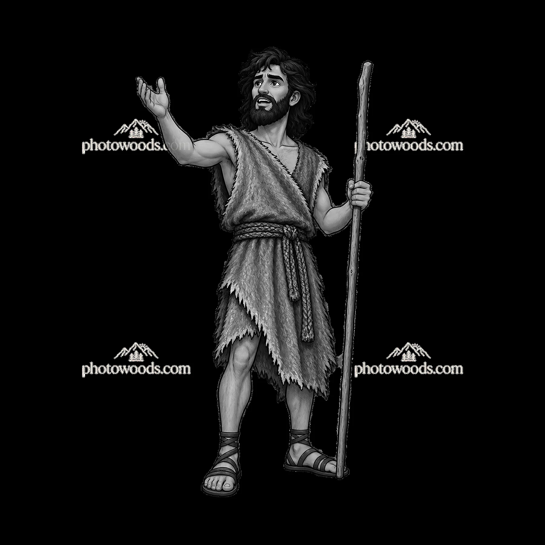Monochrome illustration of Jesus holding a staff and gesturing - AI-generated stock image