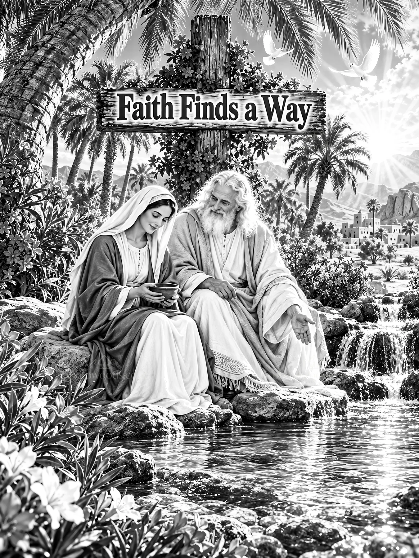 Jesus Christ shares wisdom by a water stream - AI-generated stock image