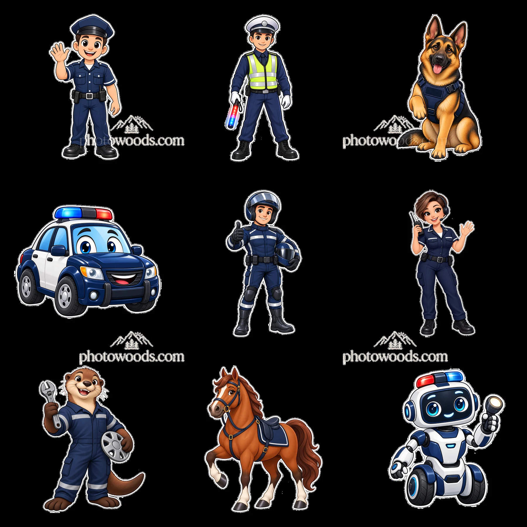 Police characters and vehicles in a fun cartoon style - AI-generated stock image