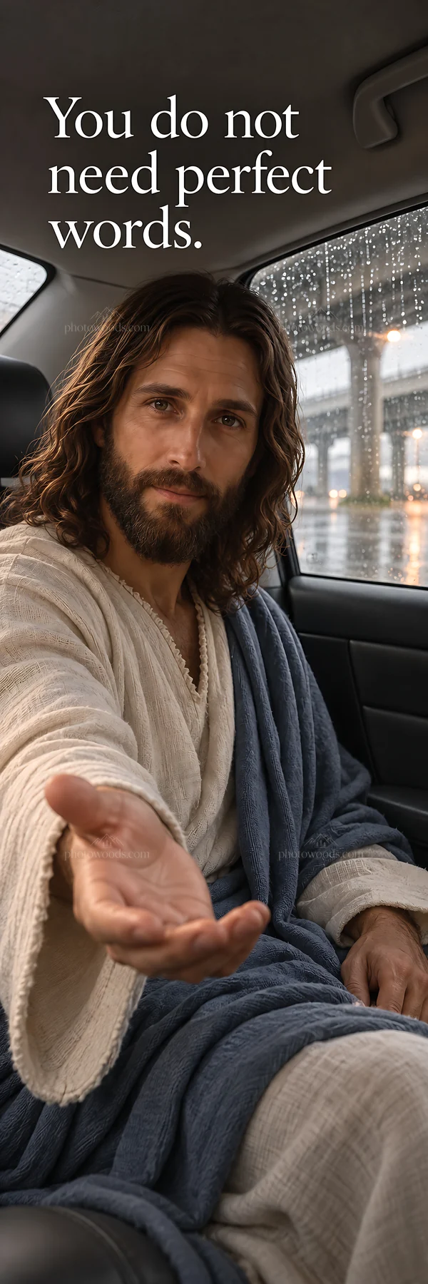 Jesus Christ offering comfort in a car during rain - AI-generated stock image