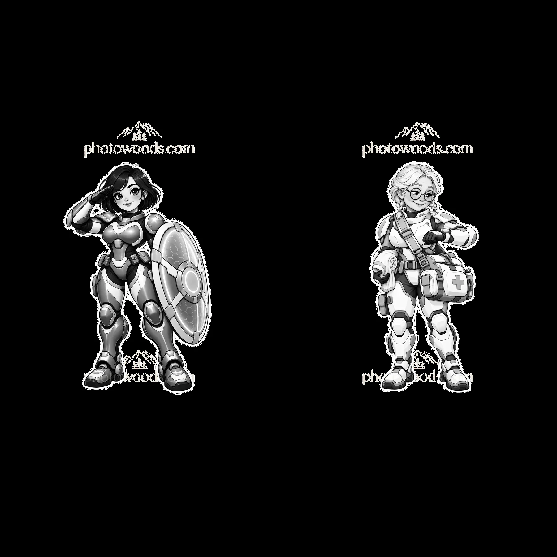 Kawaii futuristic super-soldiers with shield and first aid kit - AI-generated stock image