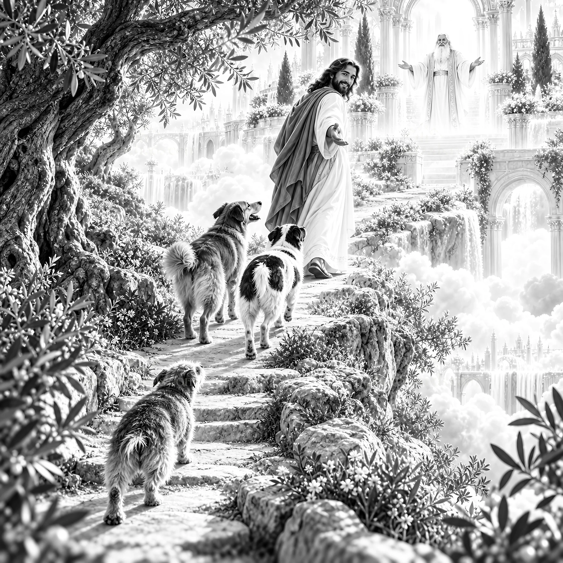 Jesus Christ walking with dogs in a garden path - AI-generated stock image