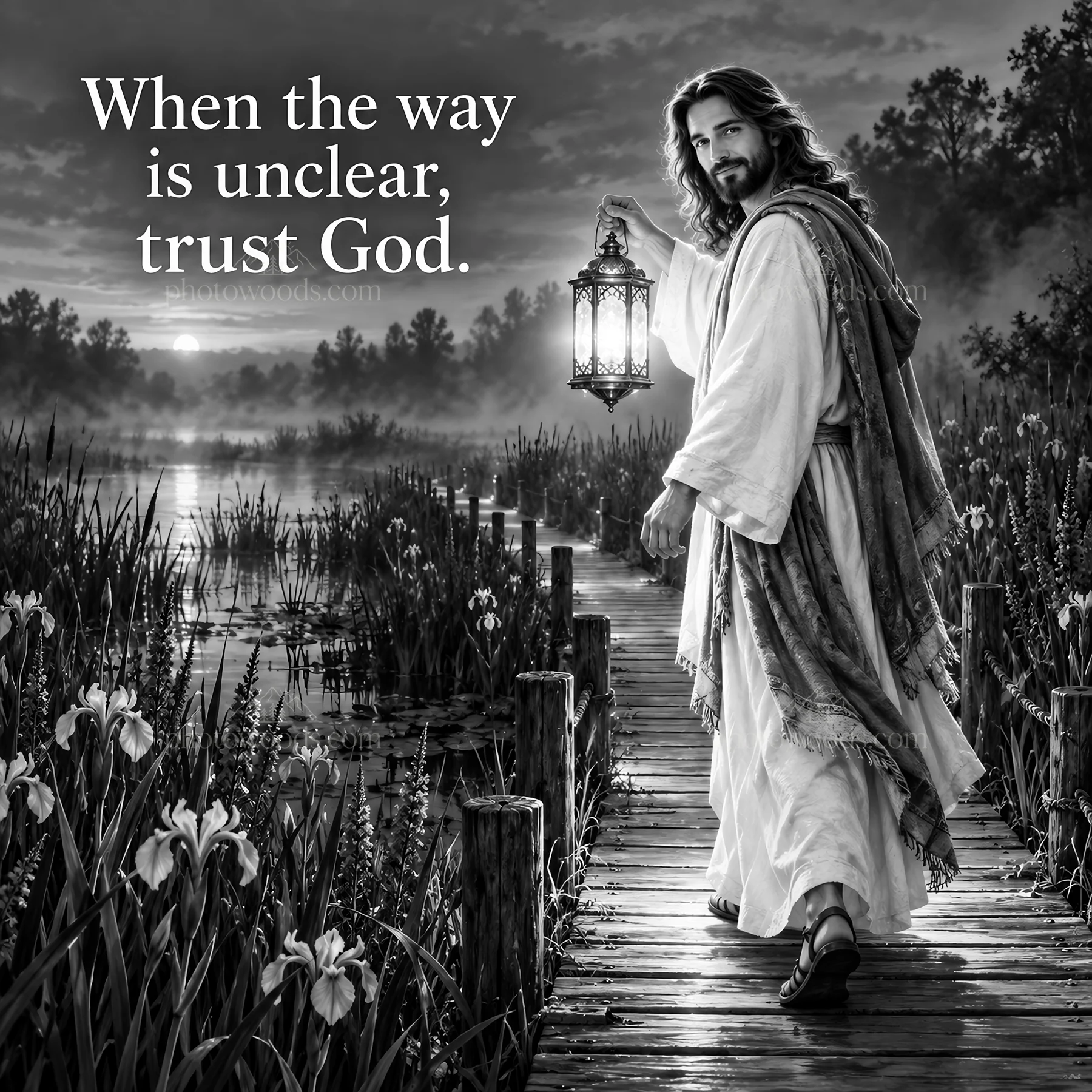 Jesus Christ walking on a path, holding a lantern - AI-generated stock image