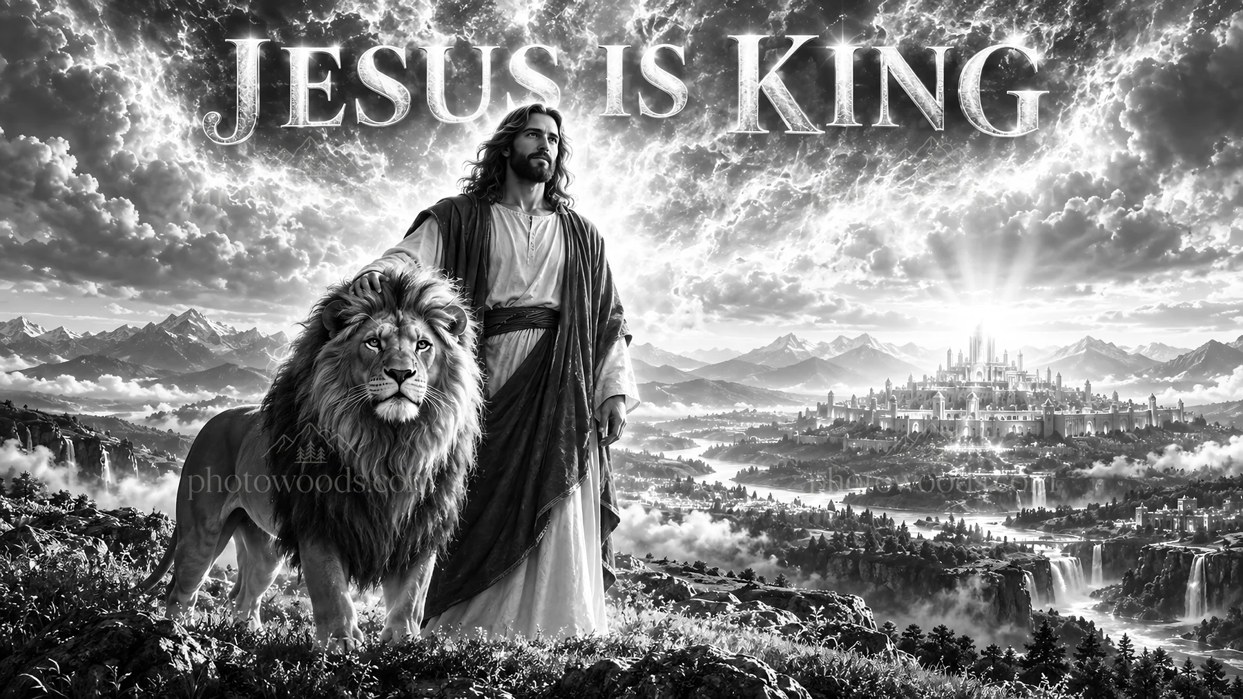 Jesus Christ stands with a lion in a majestic landscape - AI-generated stock image