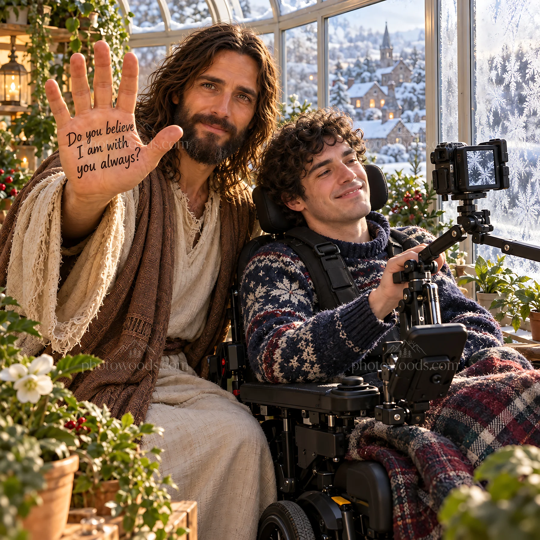 Jesus Christ comforting a person with a message of presence - AI-generated stock image